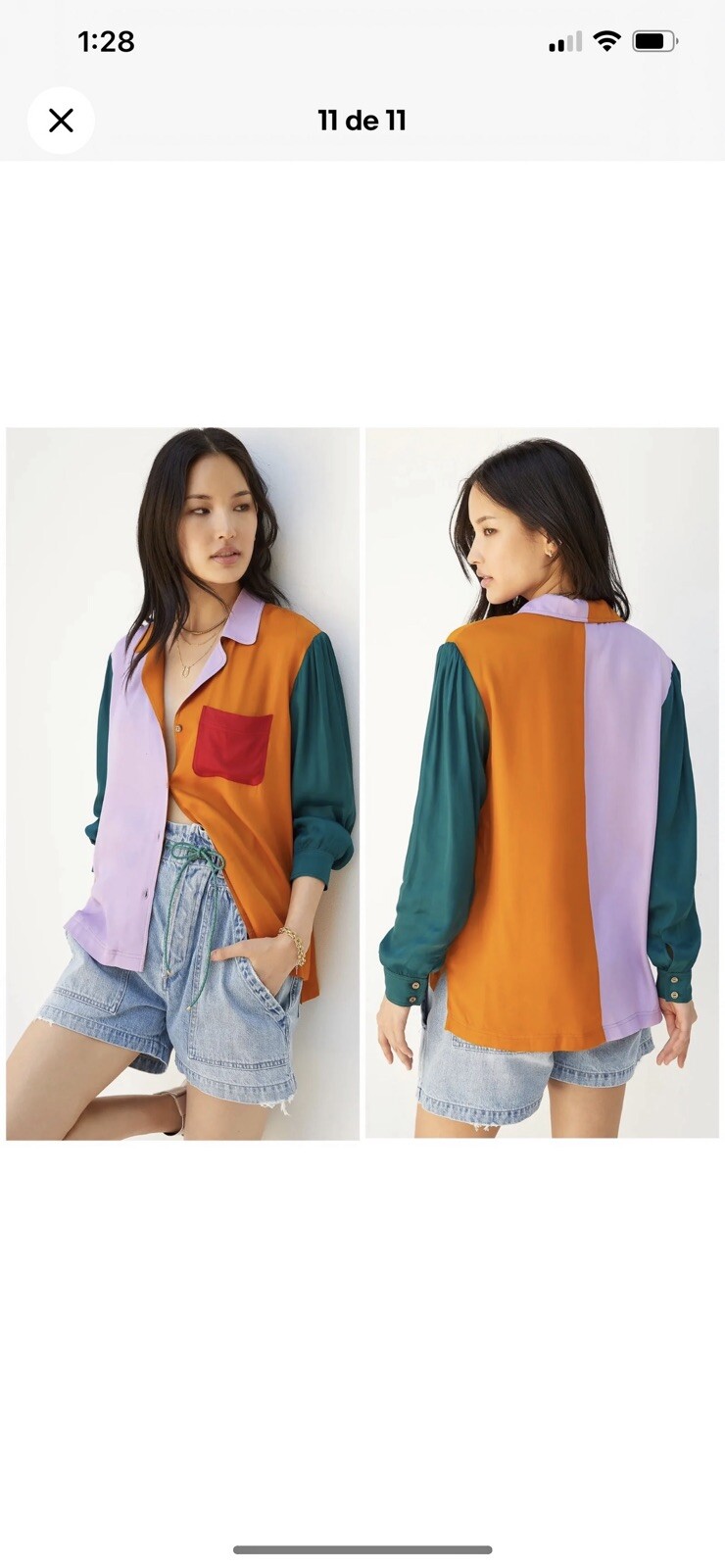 Farm Rio | Anthropologie Red Orange Color Block Blouse | Button Down Top
