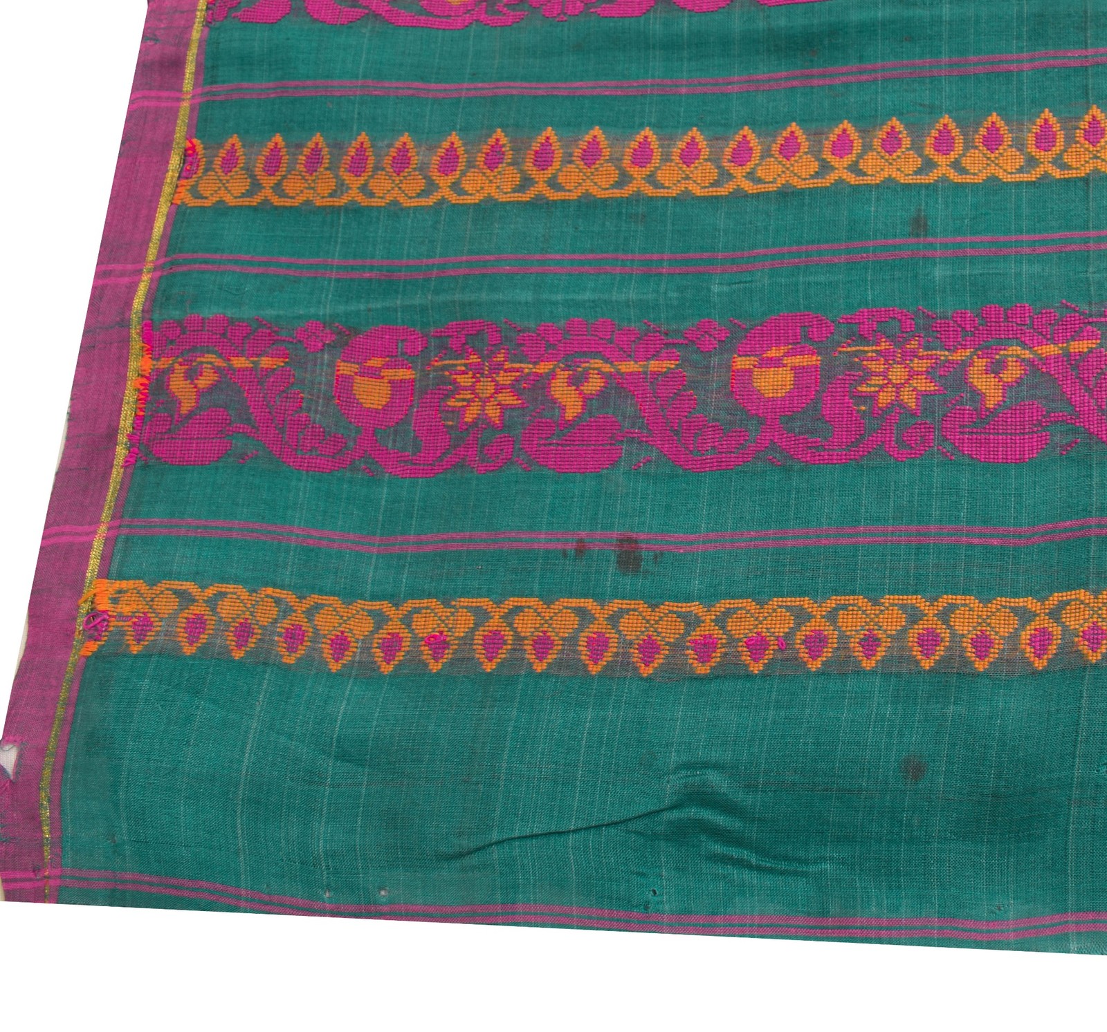 Sushila Vintage Teal Green Sari Ethnic Woven Design Pure Cotton Jamdani Saree