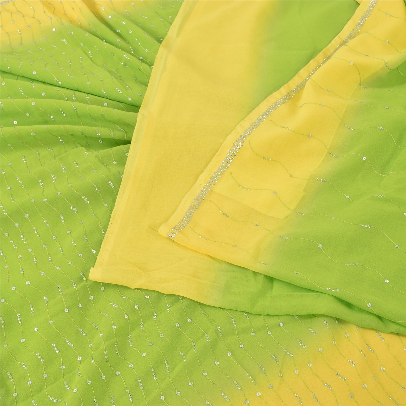 Sanskriti Vintage Lemon/Green Sarees Georgette Hand Beaded Craft Fabric Sari