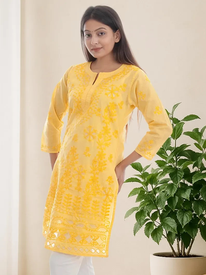Yellow Cotton Chikankari Kurti | Wool Thread Handmade Kurti For Women