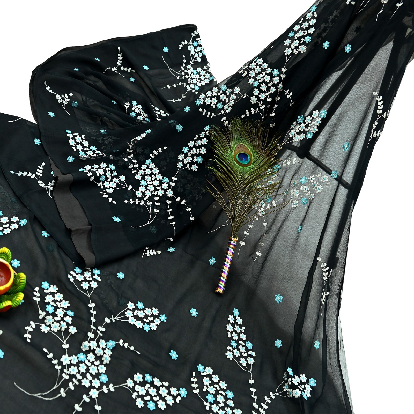 Indian Vintage Sari Black Pure Chiffon Silk Hand Embroidered Sarees Craft Fabric