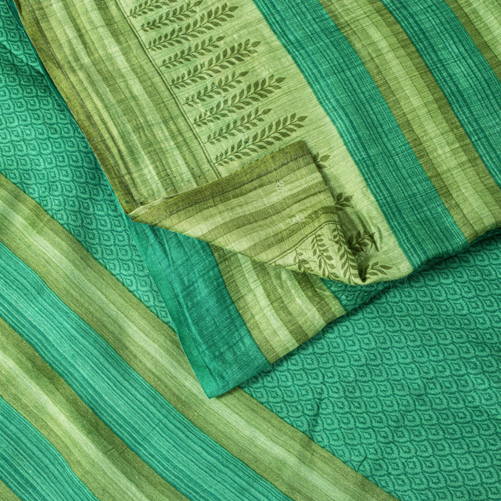 Sanskriti Vintage Saree Green Soft Pure Woolen Floral Printed Sari 5.5+Yd Fabric