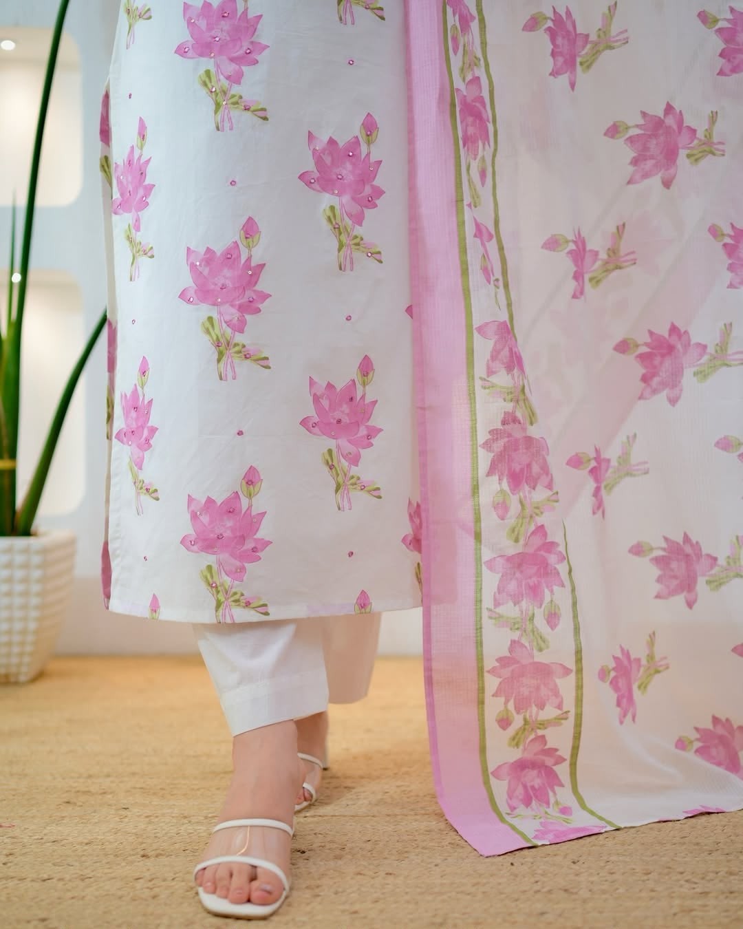 Beautiful Cotton Kurti Pant Dupatta Set Indian Bollywood Top Tunic Kurta Set