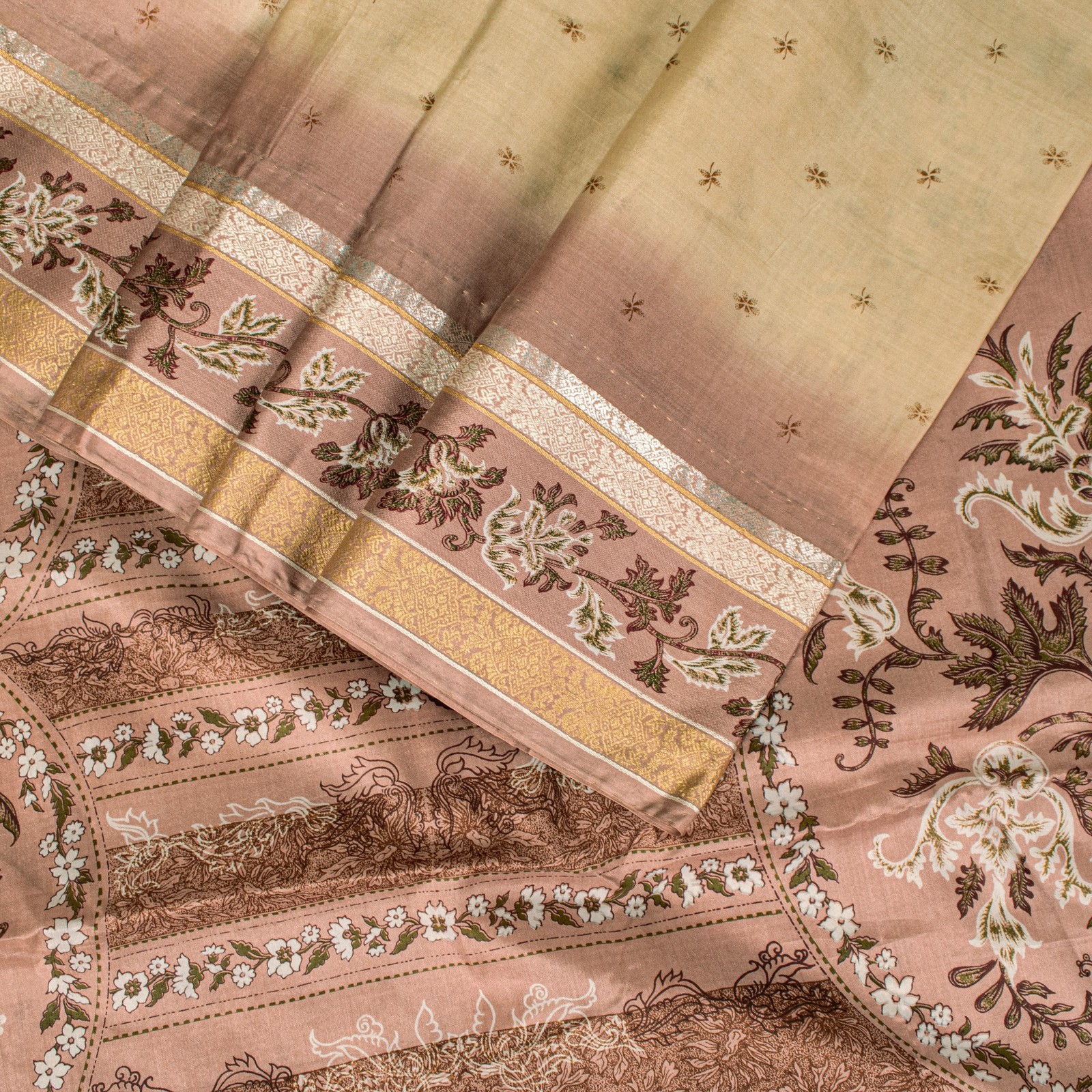 Sanskriti Vintage Soft Cream-Pink Pure Silk Sari Digital Print Floralsaree 5.5Yd