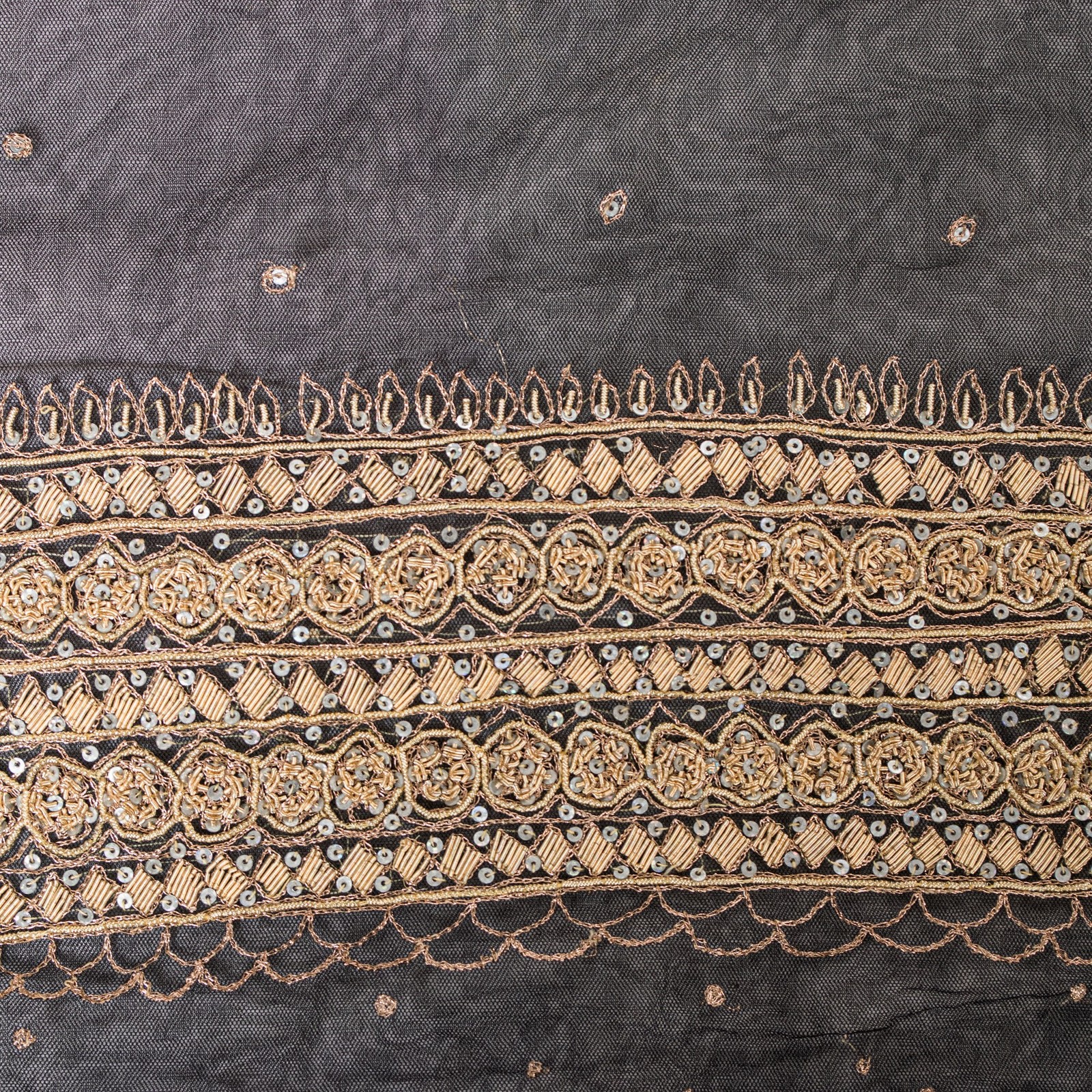 Sanskriti Vintage Black Net Mesh Saree Hand Embroidered Zardozi Dabka 6Yd Fabric
