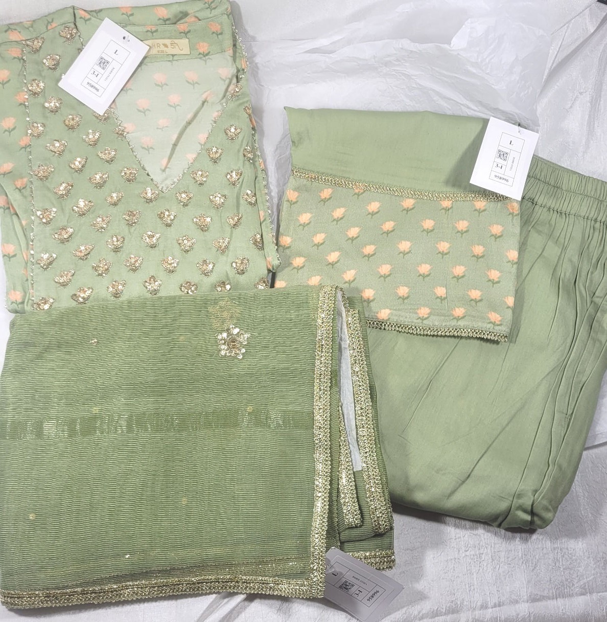 Dohr India 3pc Viscose Vegan Silk Long Kurta Set w/ Dupatta – Lt Green/Peach – L