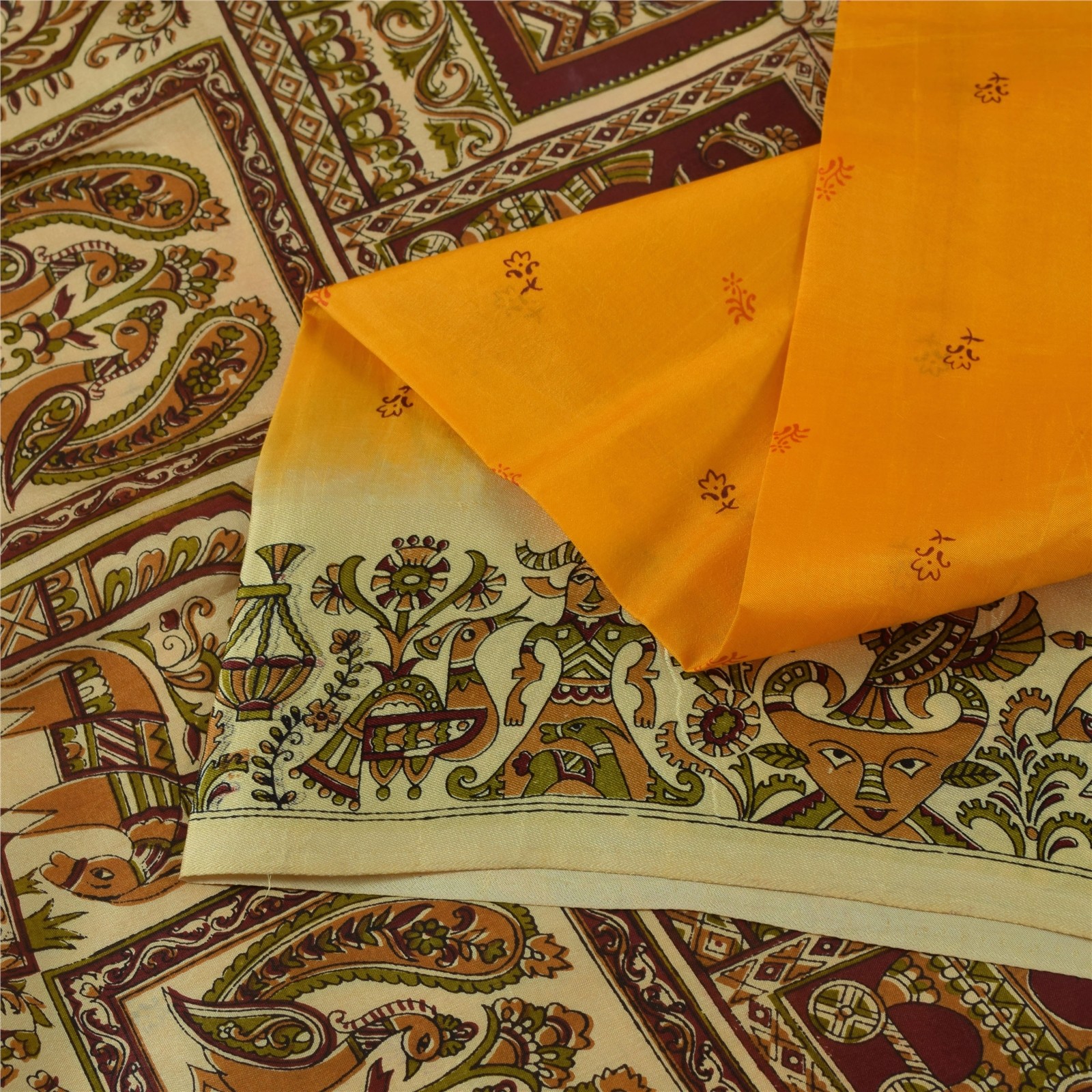 Sanskriti Vintage Sarees Yellow Pure Silk Human Animal Printed Sari 5+Yd Fabric