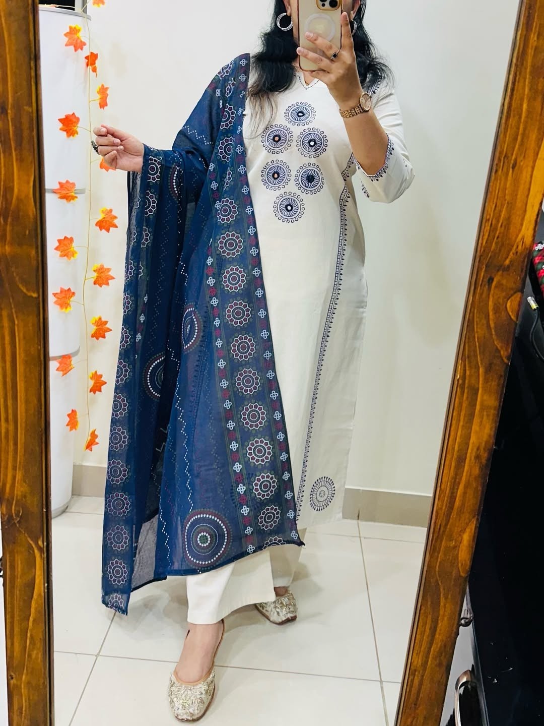 Women’s White Cotton Kurta Pant Dupatta Set Printed Ethnic Suit