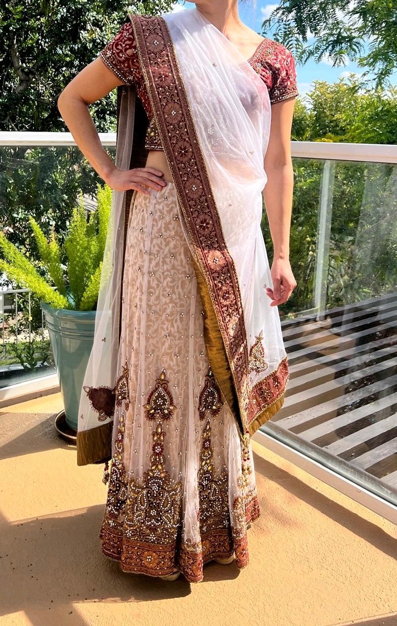 Traditional Cream, Gold And Red Lehenga Chili, 3 Piece Formal Wear