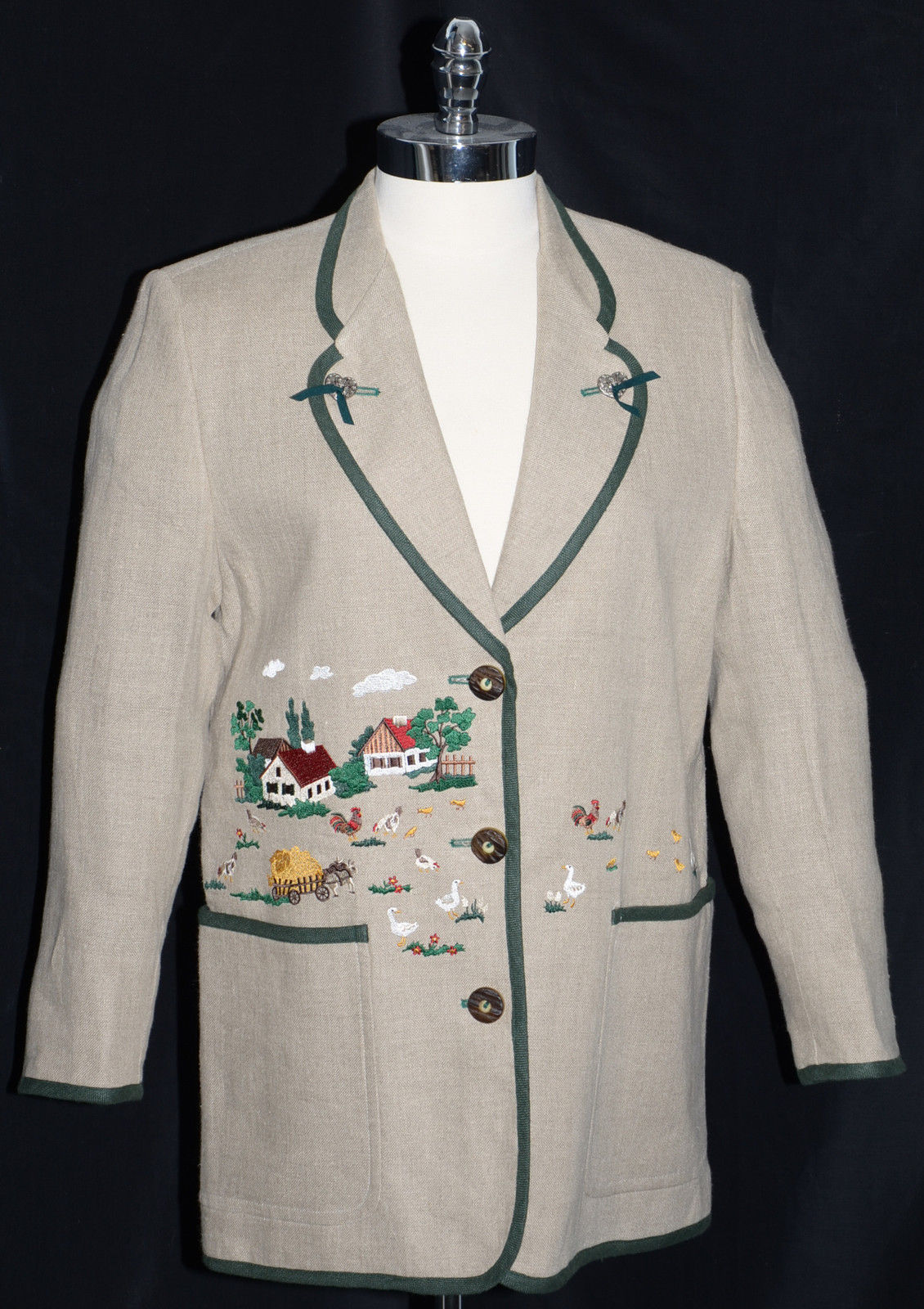 BEIGE ~ LINEN German Women Summer EMBROIDERED BARN & ANIMALS Walk Jacket 38 10 M