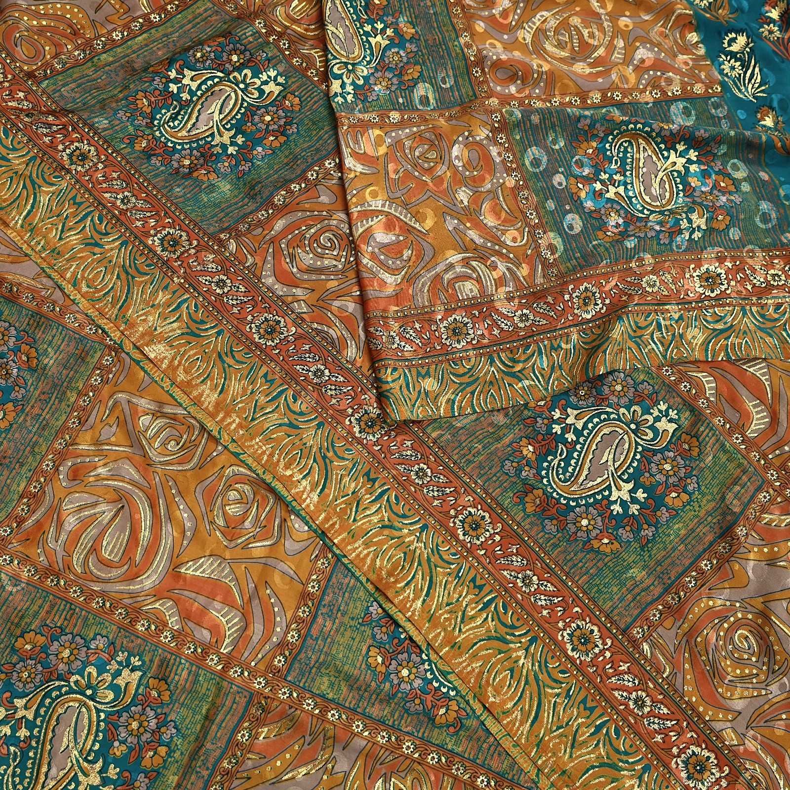 Indian Vintage Sari Moss Crepe Printed/Painted Saree Floral 5 Yards Soft Fabric