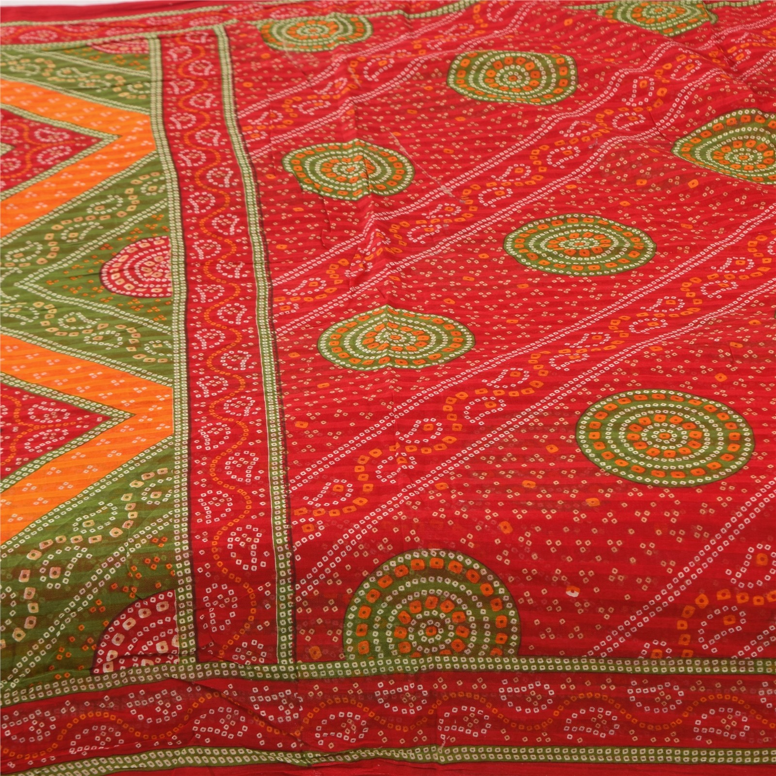 Sanskriti Vintage Sarees Red/Green Bandhani Printed Pure Cotton Sari 5+Yd Fabric