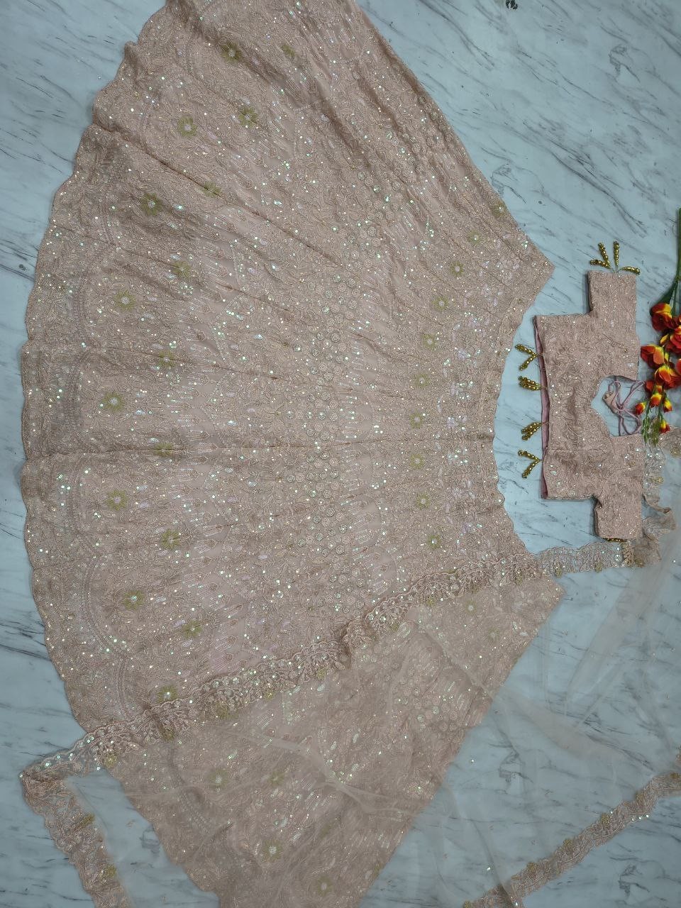 Fancy Designer Peach Faux Georgette Lehenga Choli With Dupatta For Wedding Wear