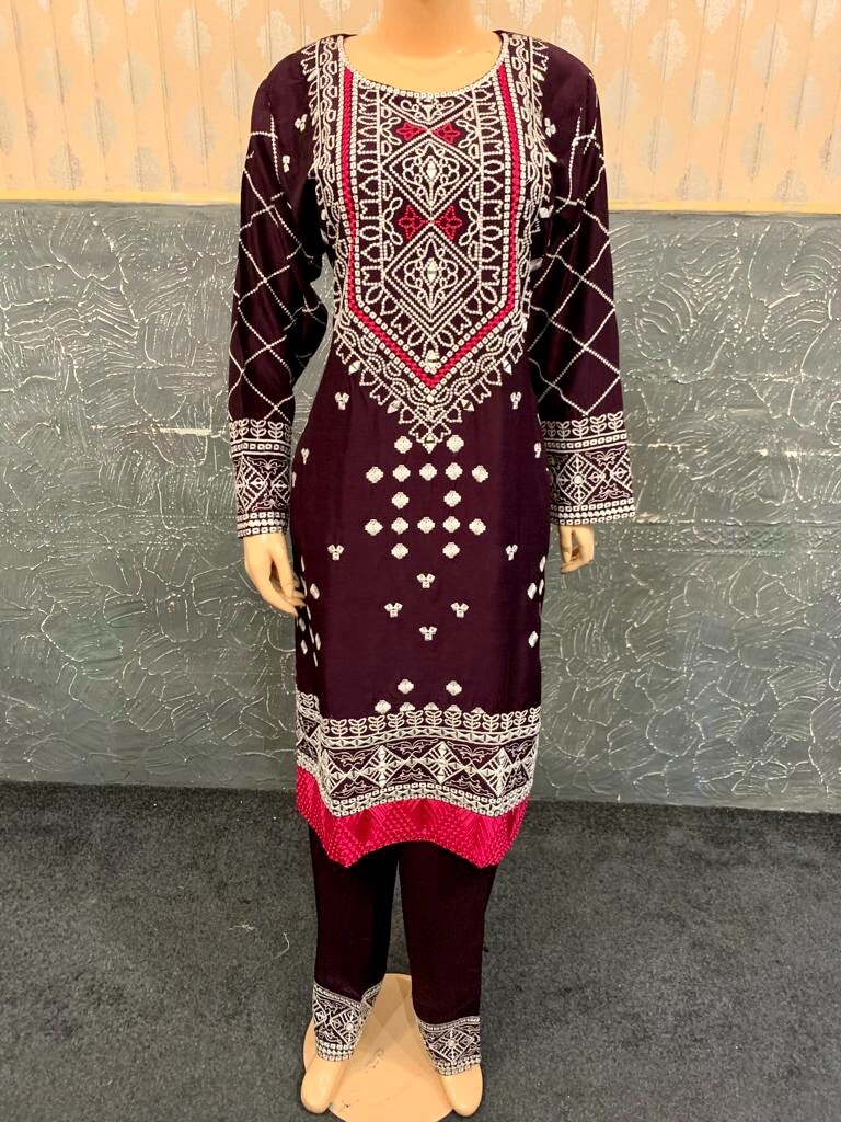 Pakistani Dark Purple Printed Straight Shirt 3pcs linen Suit w/ Threadwork ,L