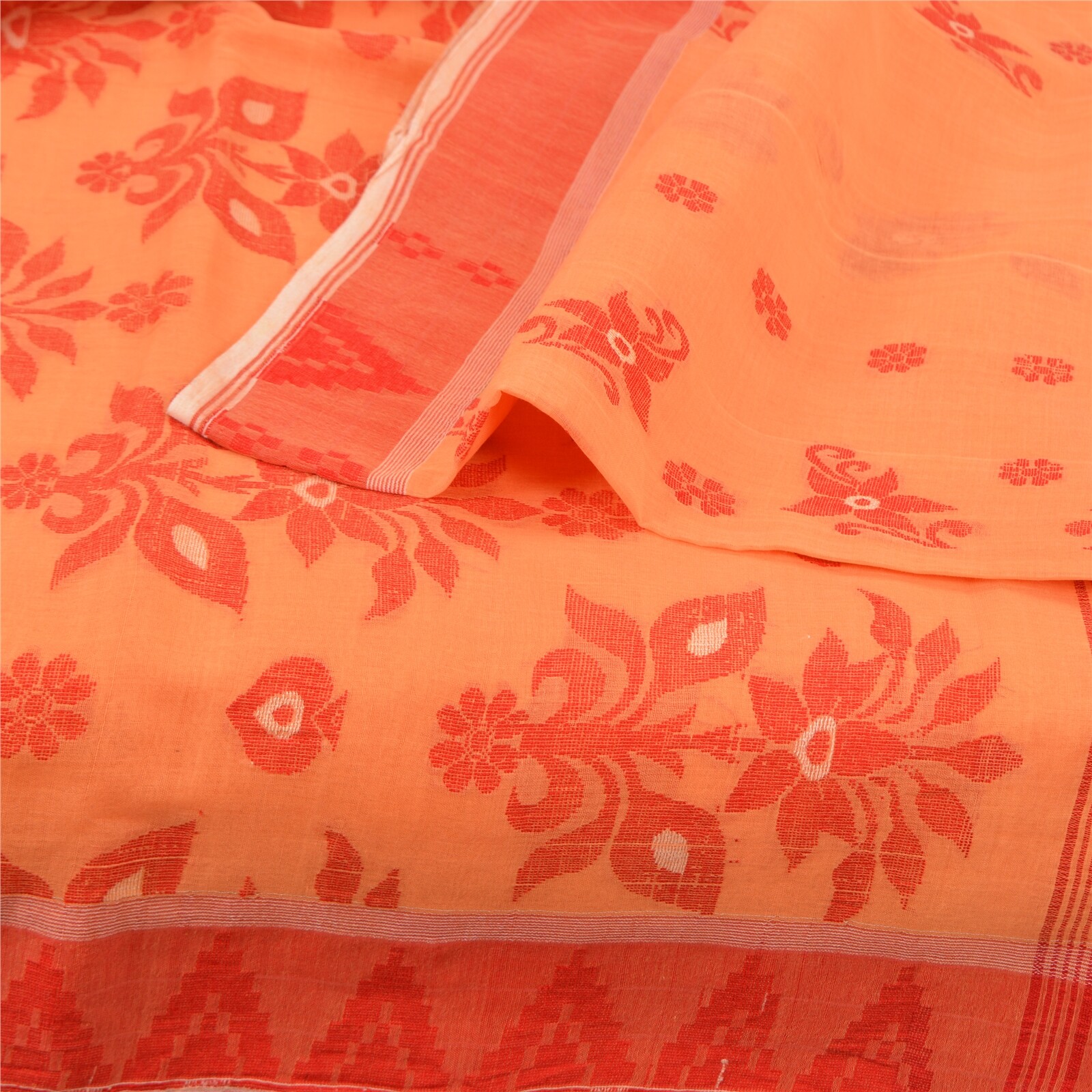Sanskriti Vintage Peach Indian Sarees Pure Cotton Hand-Woven Sari 5 Yard Fabric