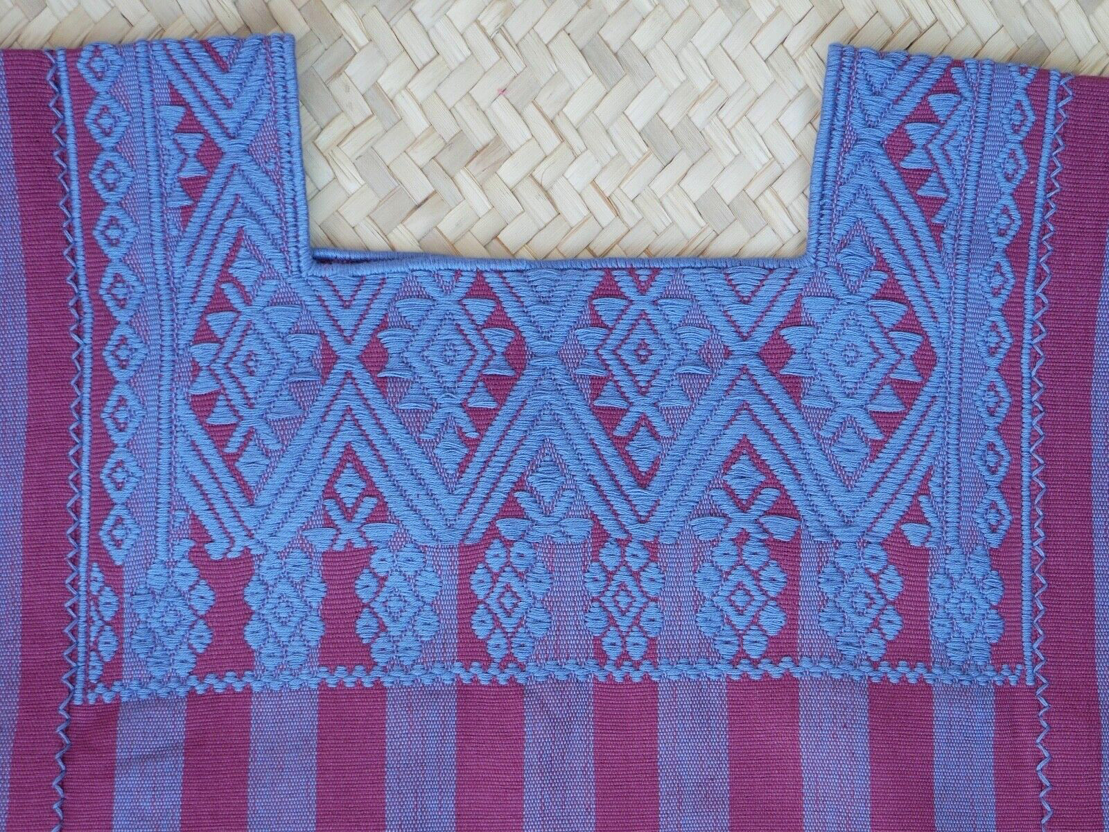 Huipil Top Mayan Blue & Plum Stripe Handwoven Backstrap Loom Chiapas Mexico