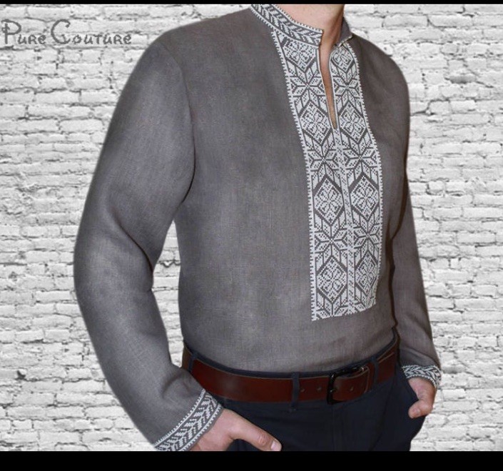 Vyshyvanka Men Women Ukrainian Embroidery Embroidered Tunic 17.5 Gray Linen NWT