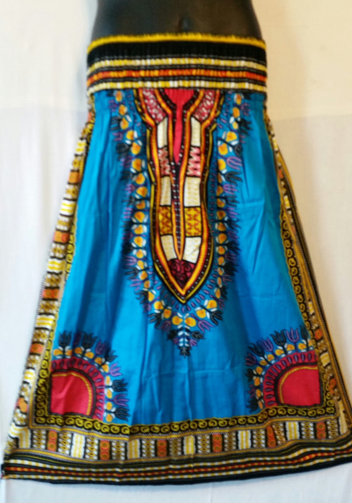 Women Skirt African Ankara Dashiki Print High Waist Elastic Free Size Turquoise