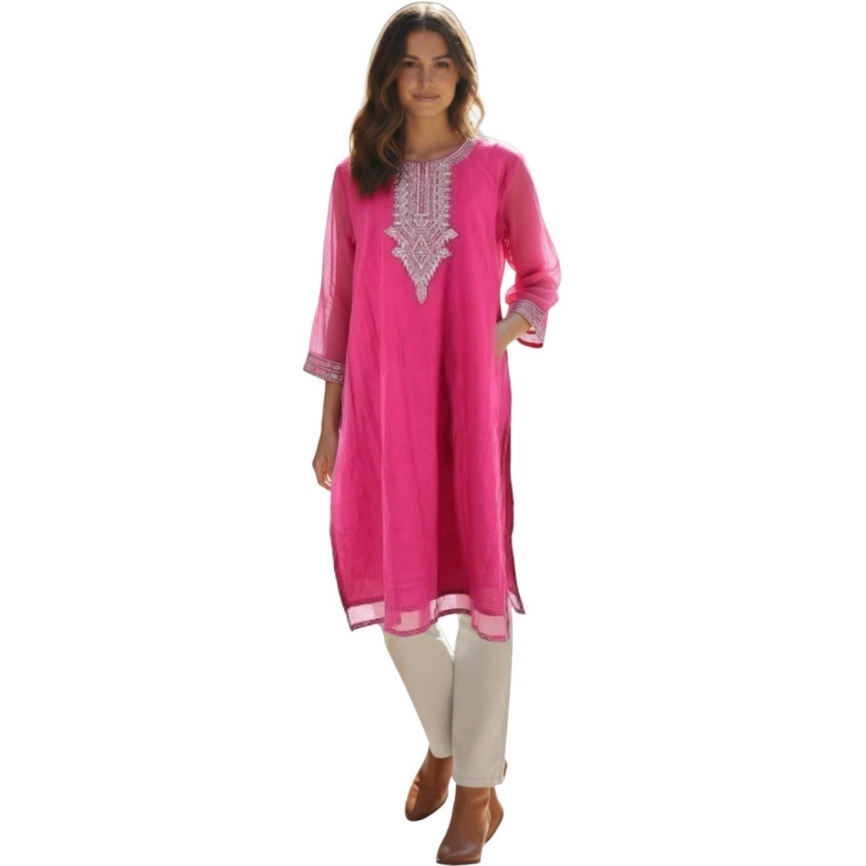 NWT Pantaloons Pink Embroidered Kurta Tunic Dress Modal Blnd L Boho Ethnic