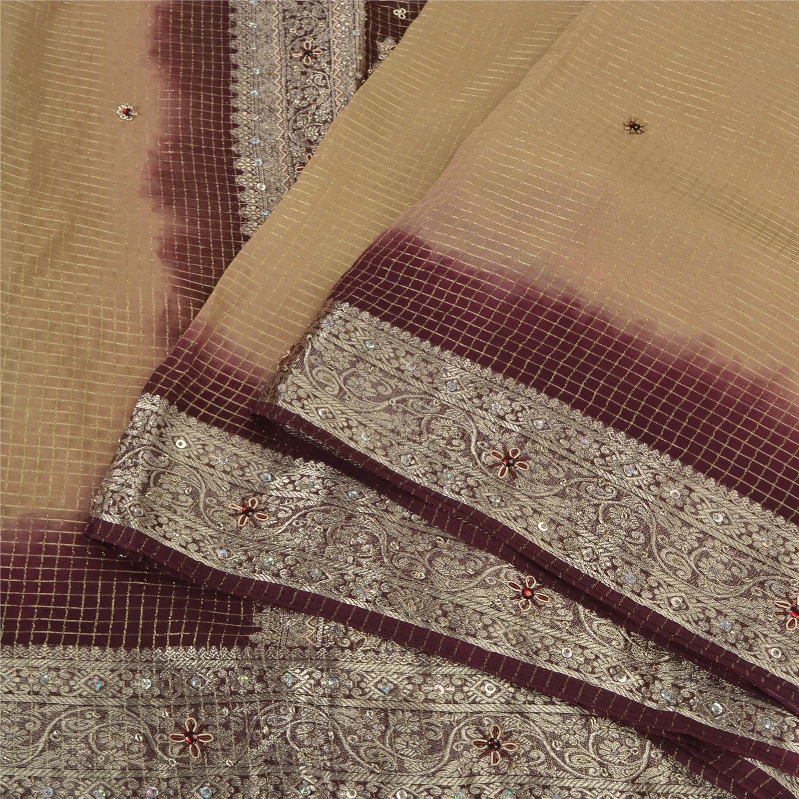 Sanskriti Vintage Sarees Brown Georgette Hand Beaded Zari Brocade Sari 6Ydfabric