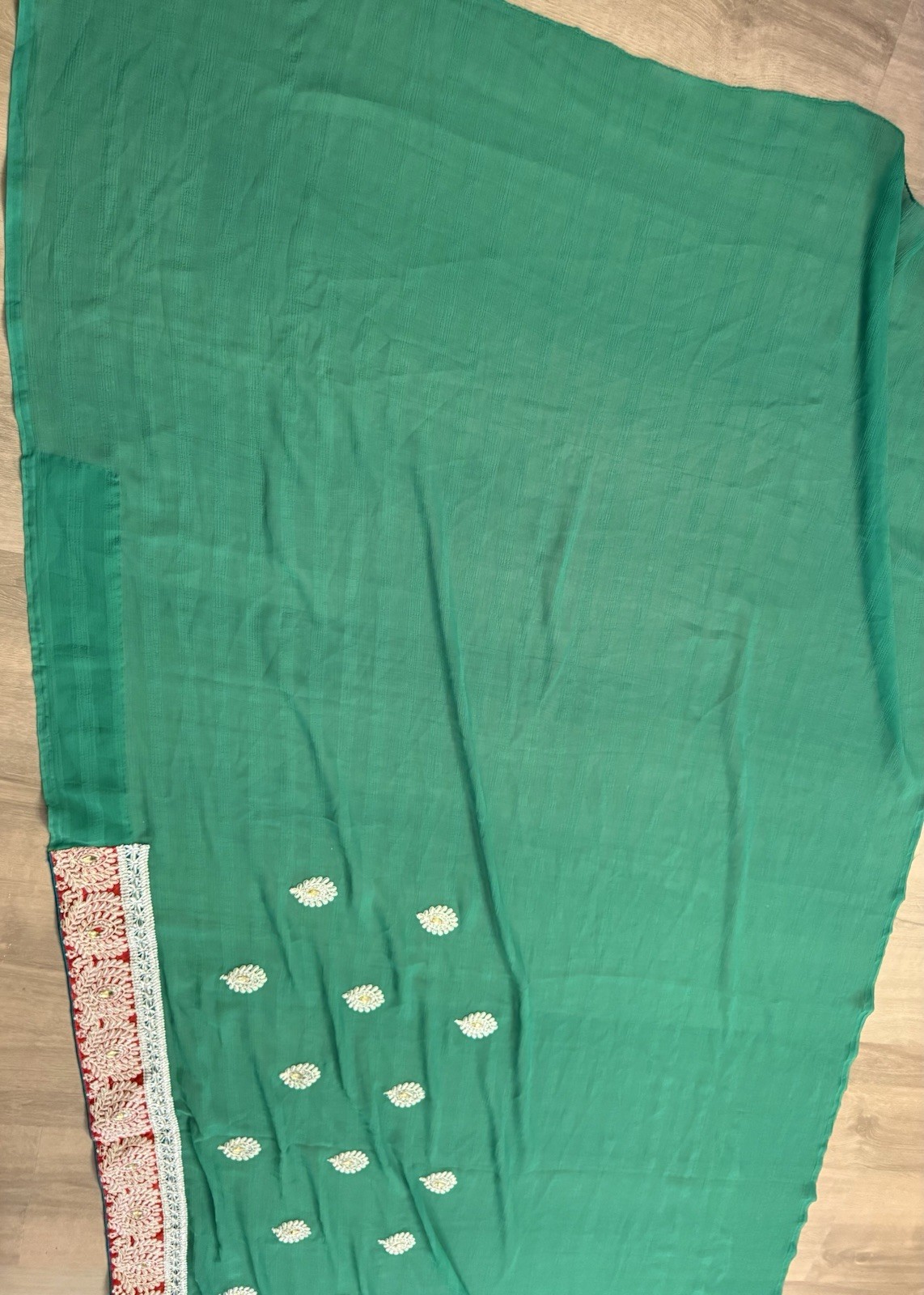 Handmade HEAVYWORK Green Red Embroidery Wedding Saree Sari Dupatta 2 Piece As Is