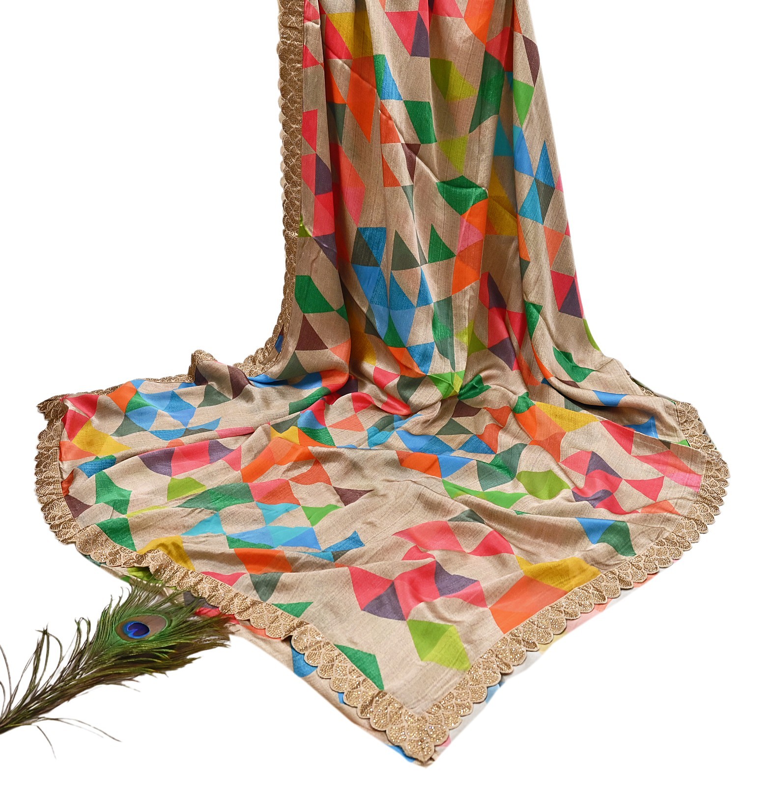 Rare Vintage Multi Pure Satin Silk Saree Hand Embroidered Fabric 5.5 Yards Sari