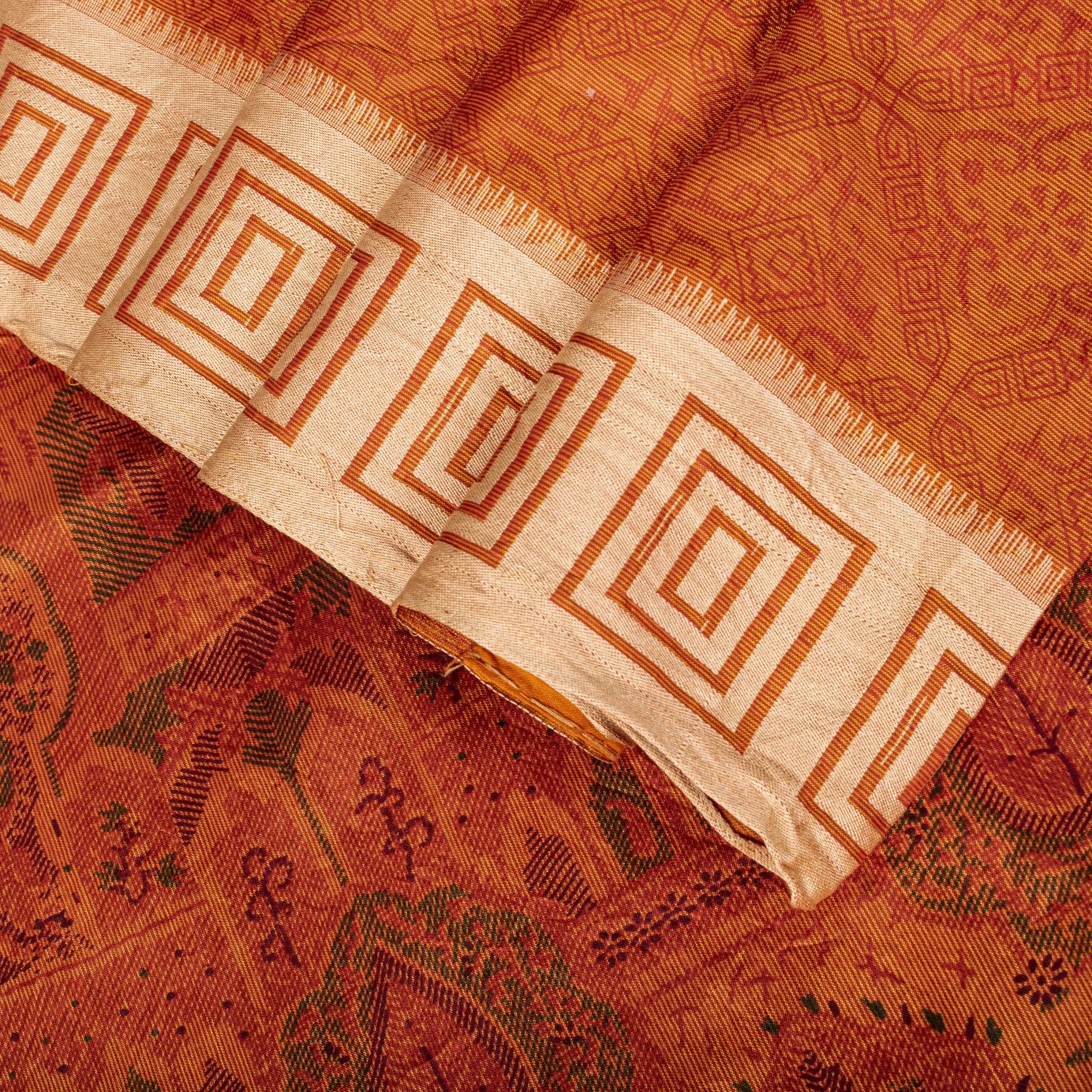Sanskriti Vintage Orange Pure Silk Saree Geometric Print 6Yard Sari Fabric Craft