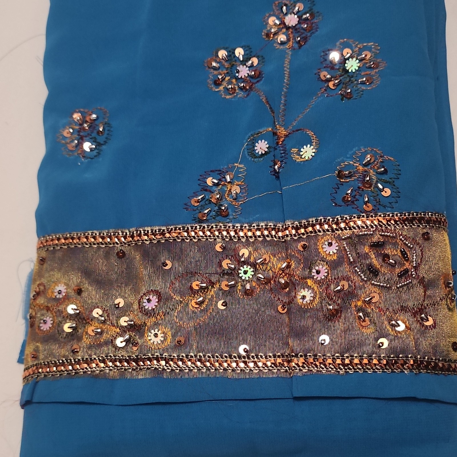 Radha Raman Blue Gold Embroidered Sequin Saree Sari for Women Free Size
