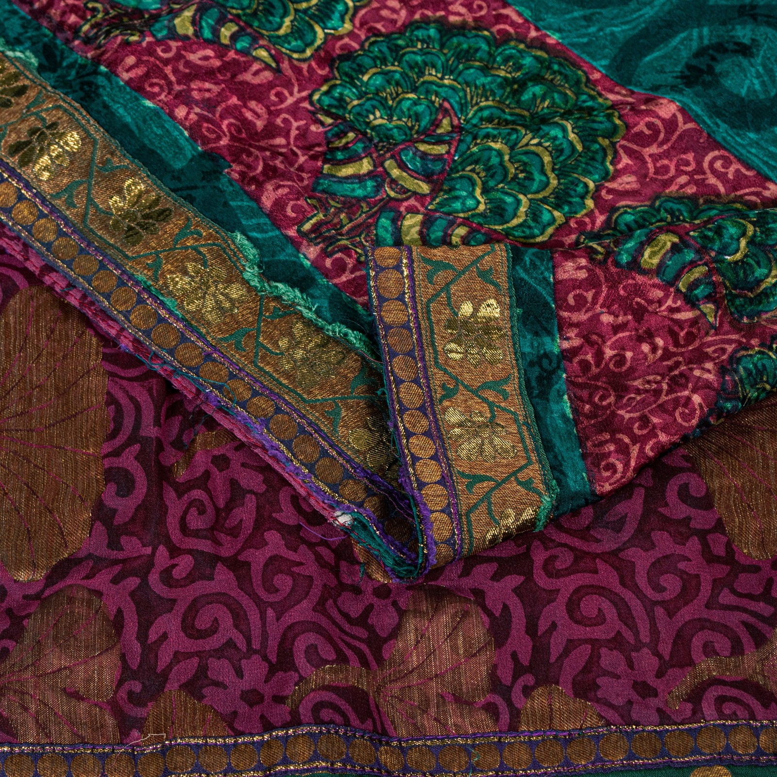 Sanskriti Vintage Purple -Green 100%Pure Crepe Saree Woven Printed 5.5+Yd Fabric