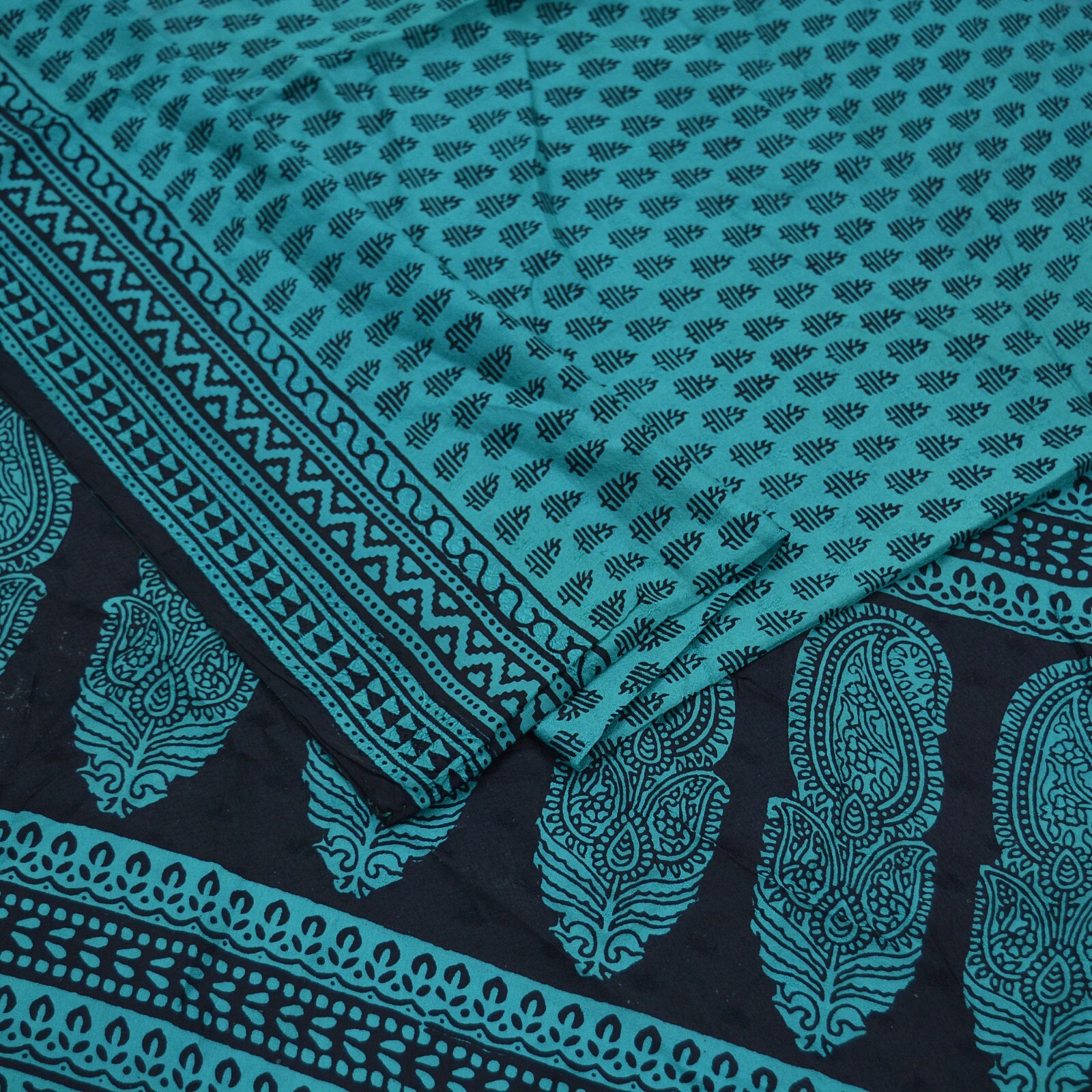 Indian Vintage Green & Black Sarees Hand Block Printed Sari Pure Silk Fabric 5yd
