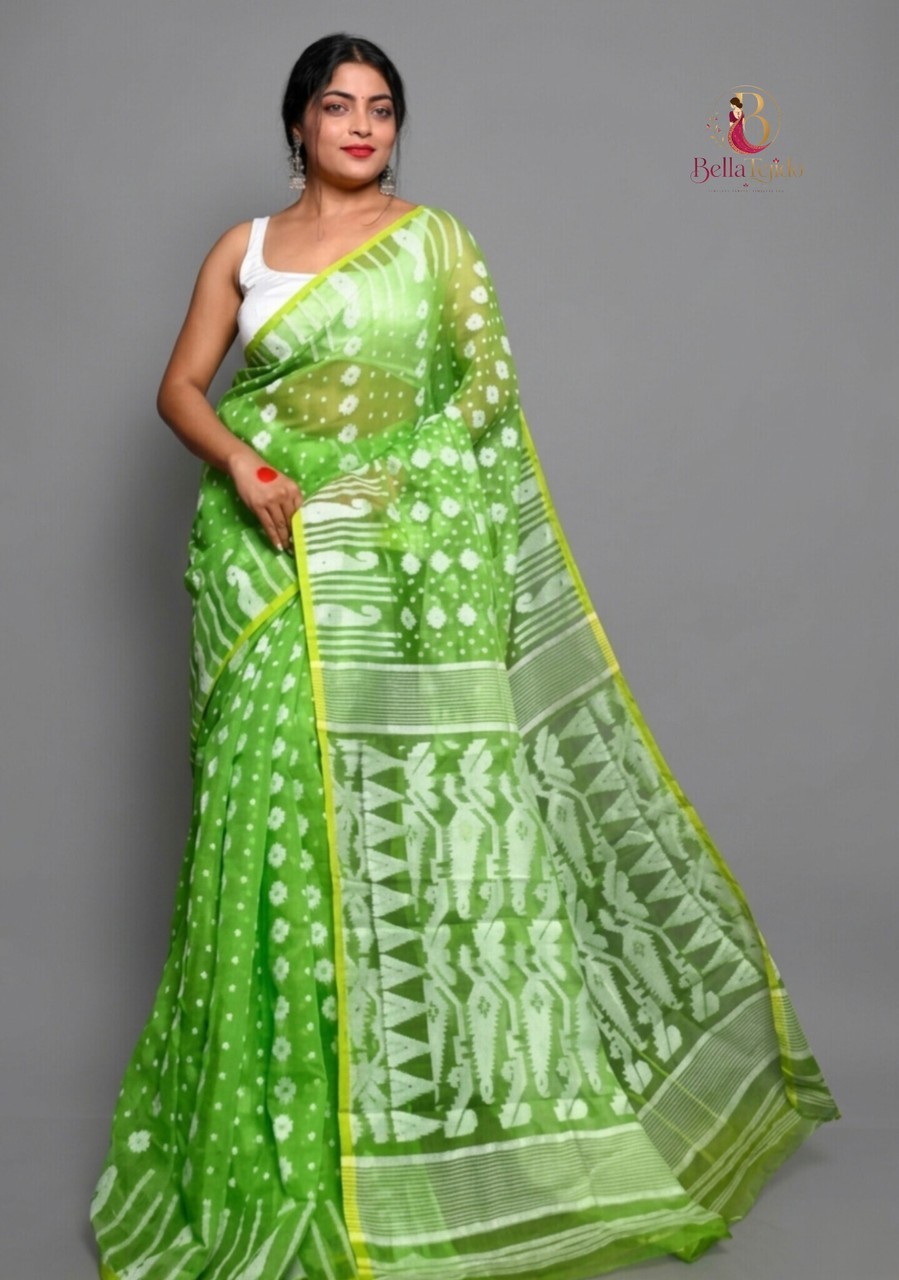 Woven, Floral Print, Geometric Print Jamdani Cotton Blend Saree (Green)