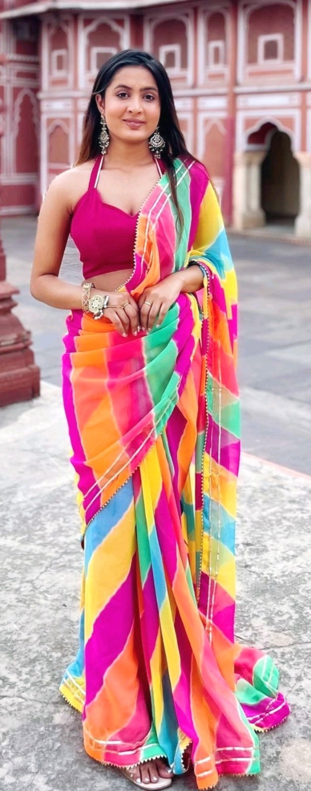 Indian Bollywood Georgette chiffon Bandhej sari Bandhani Leheriya Printed Saree