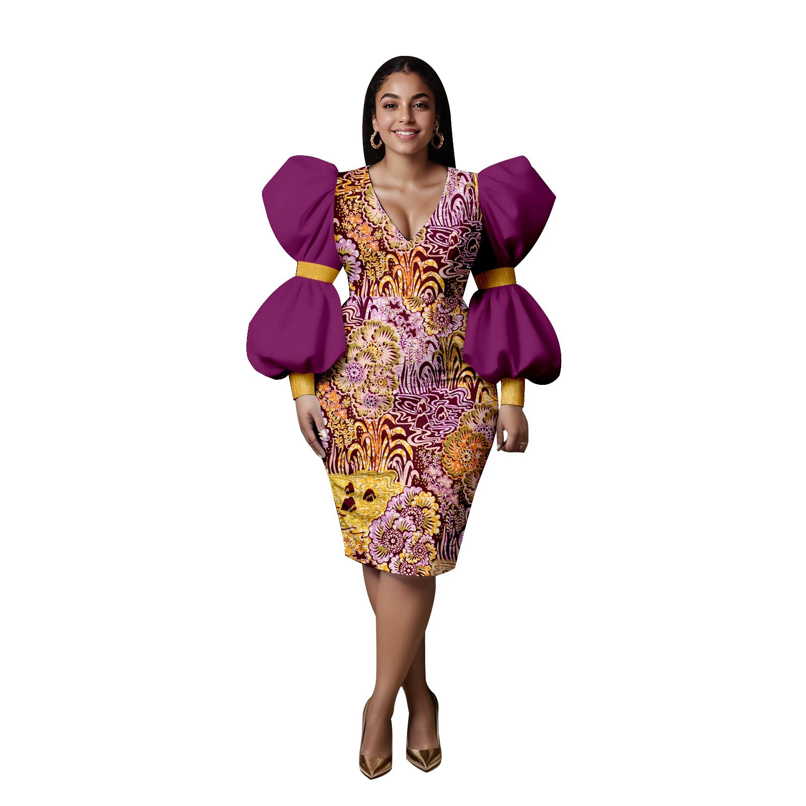 African Women’s Ankara Printed V-Neck Puff Sleeve Knee-Length Dress Patchwork