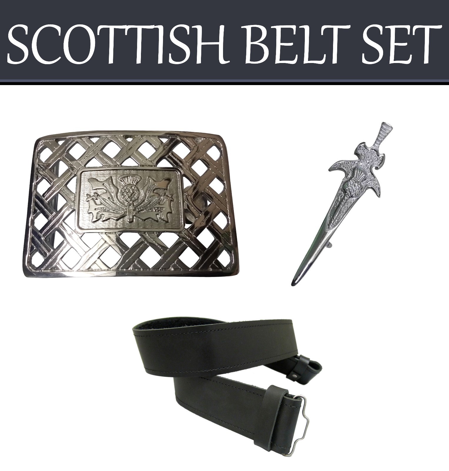 Scottish Design Black Kilt Belt Set With Belt Buckle & Kilt Pin Made For Kilt