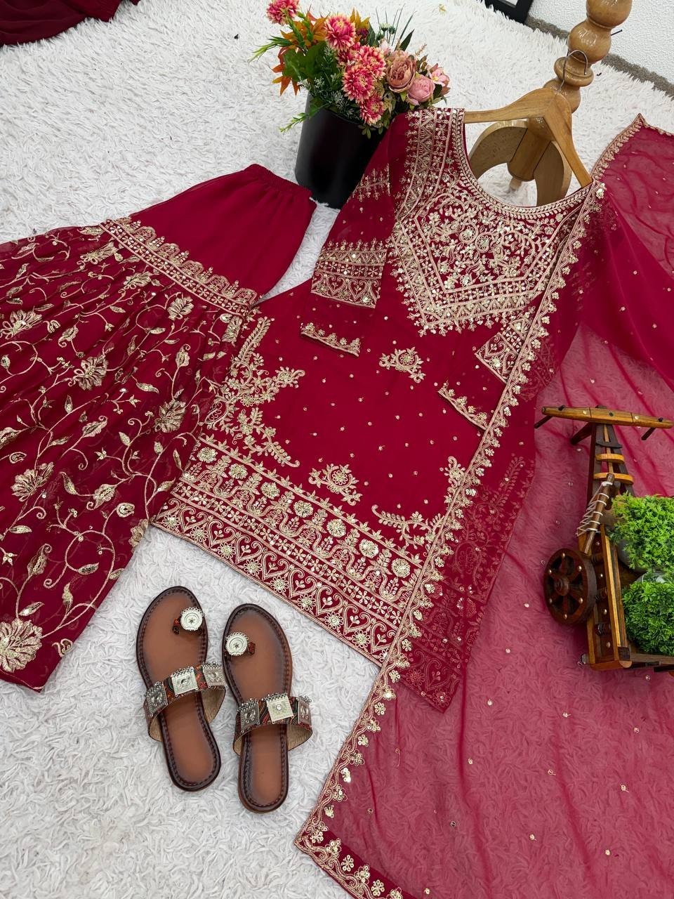 Maroon Designer Heavy Georgette Top Palazzo With Dupatta For Function Wear