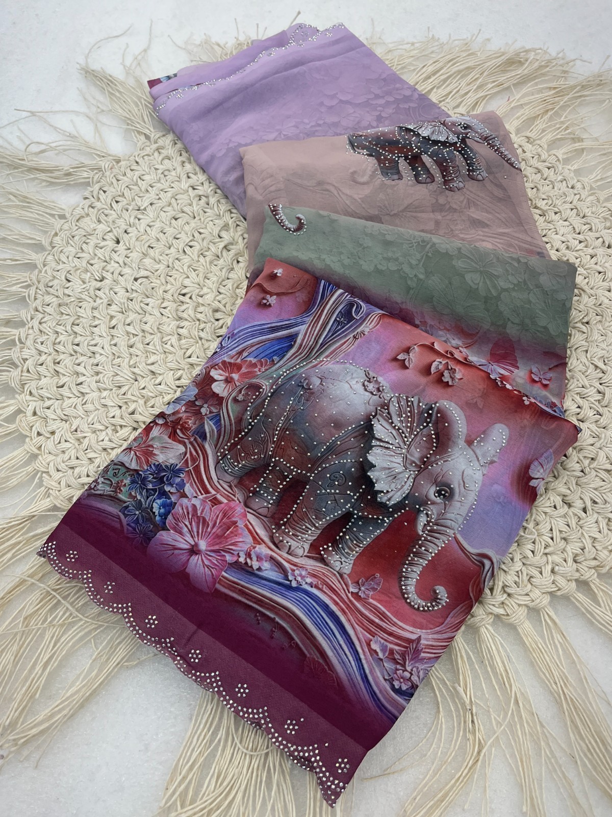 Women’s Wine Weightless 3D Digital Elephant Print Swarovski Work Party Wear Sare
