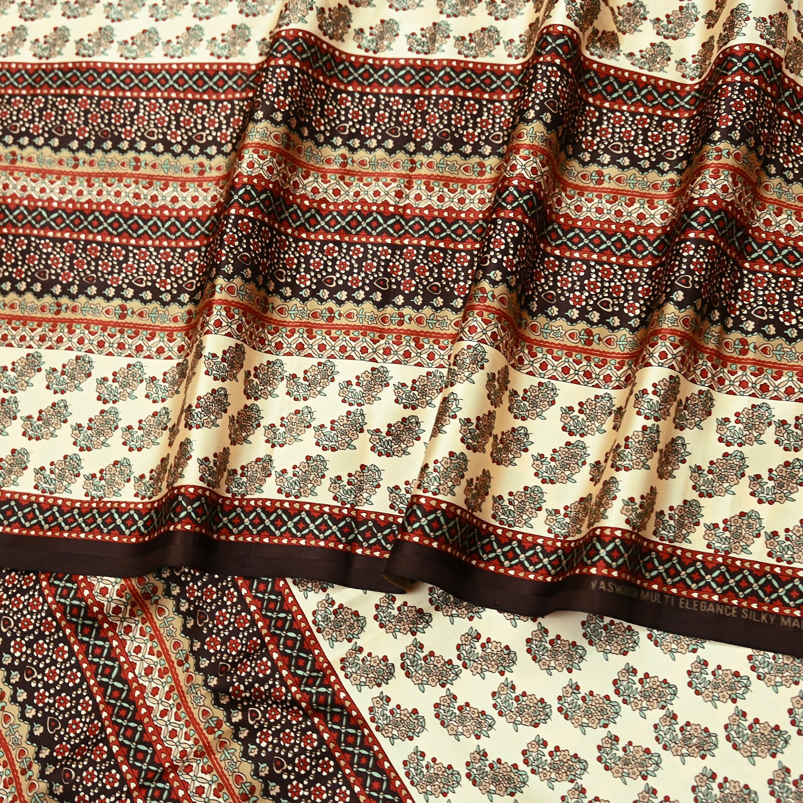 Indian Vintage Saree Beige Satin Printed Sari 5yd Sewing Floral Soft Craft Fabri