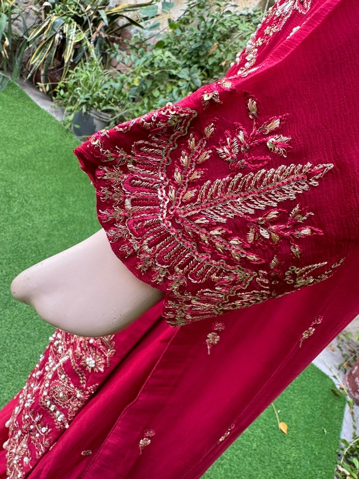 Pakistani Red Straight Style Embroidered Sequins Chiffon Sharara Dress,M#2