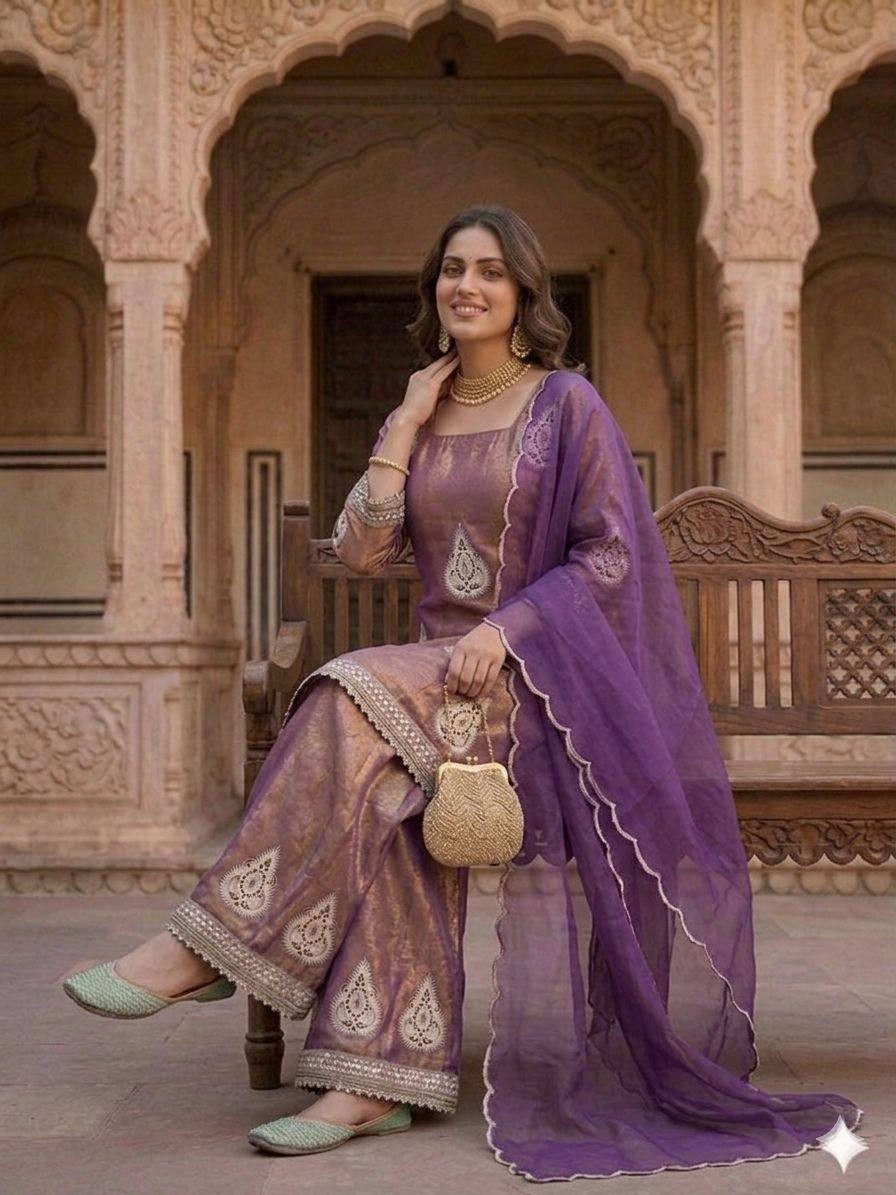 Women’s Mauve Purple Kurti Palazzo Set Embroidered Festive Indian Ethnic Outfit