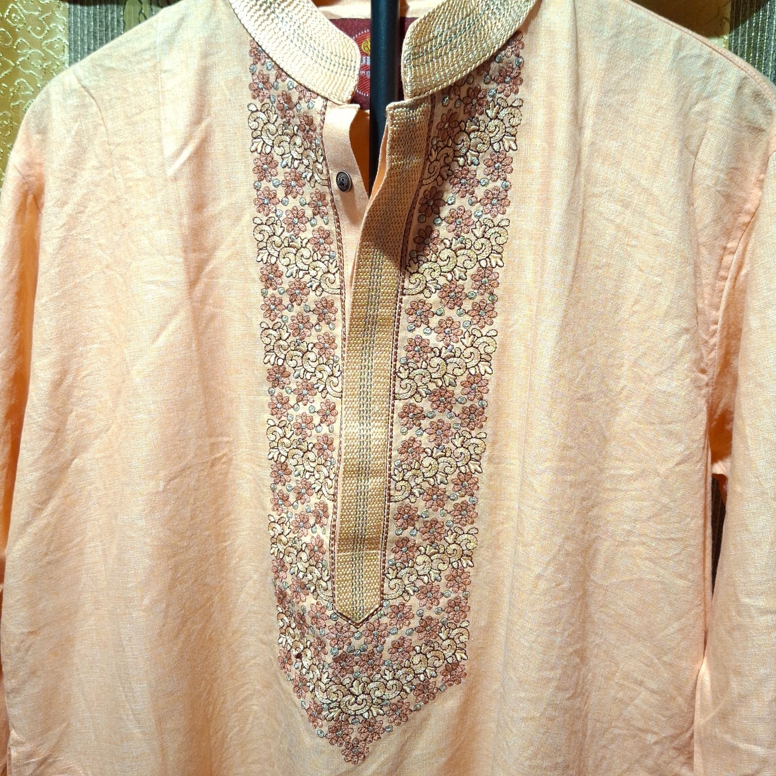 Sultan Men’s Peach Embroidered Kurta Size 44 XL Indian Wedding Festive Tunic