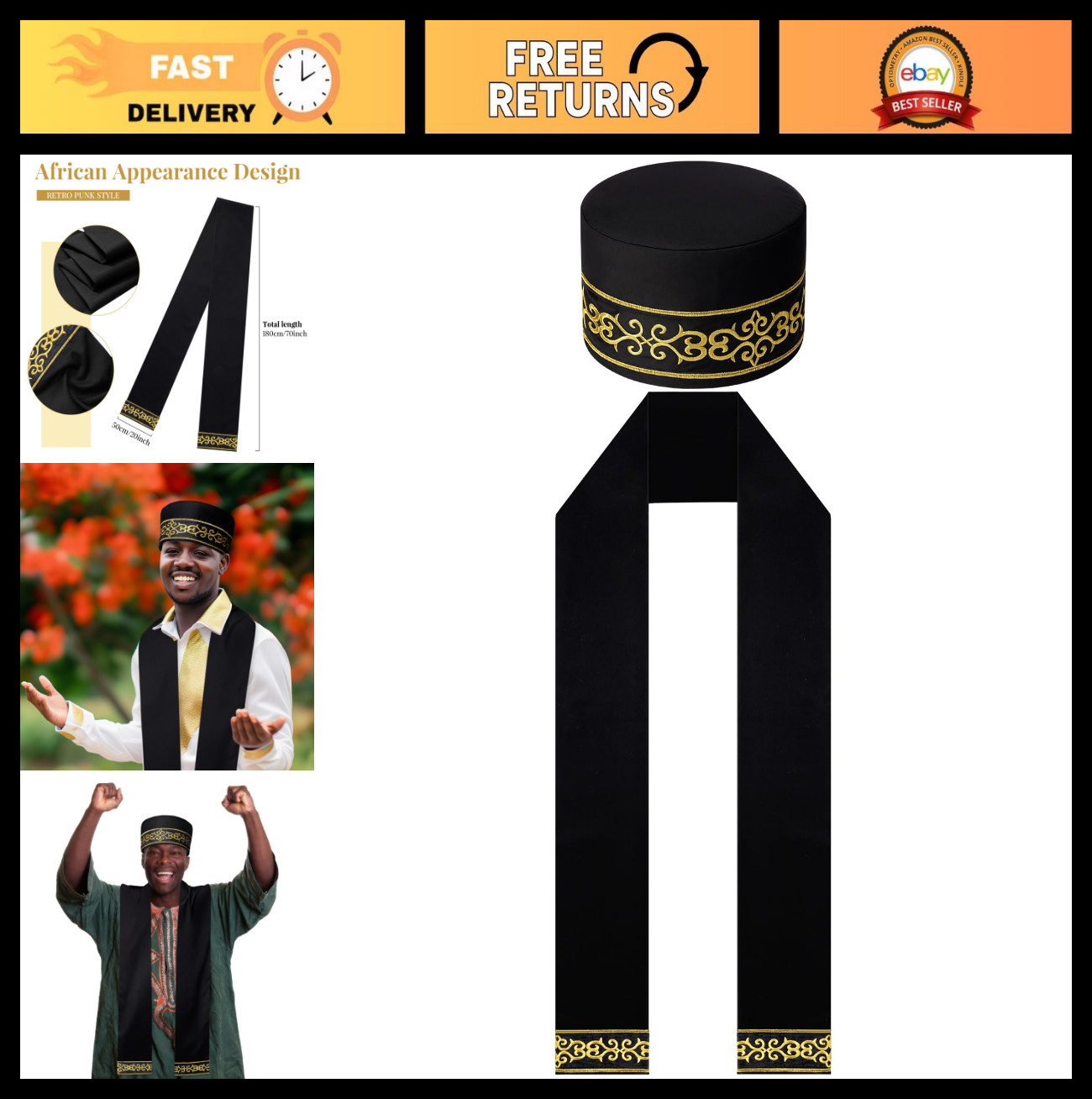 2 Pcs African Kente Kufi Hat & Stole Sash Set for Men – Traditional Headwear