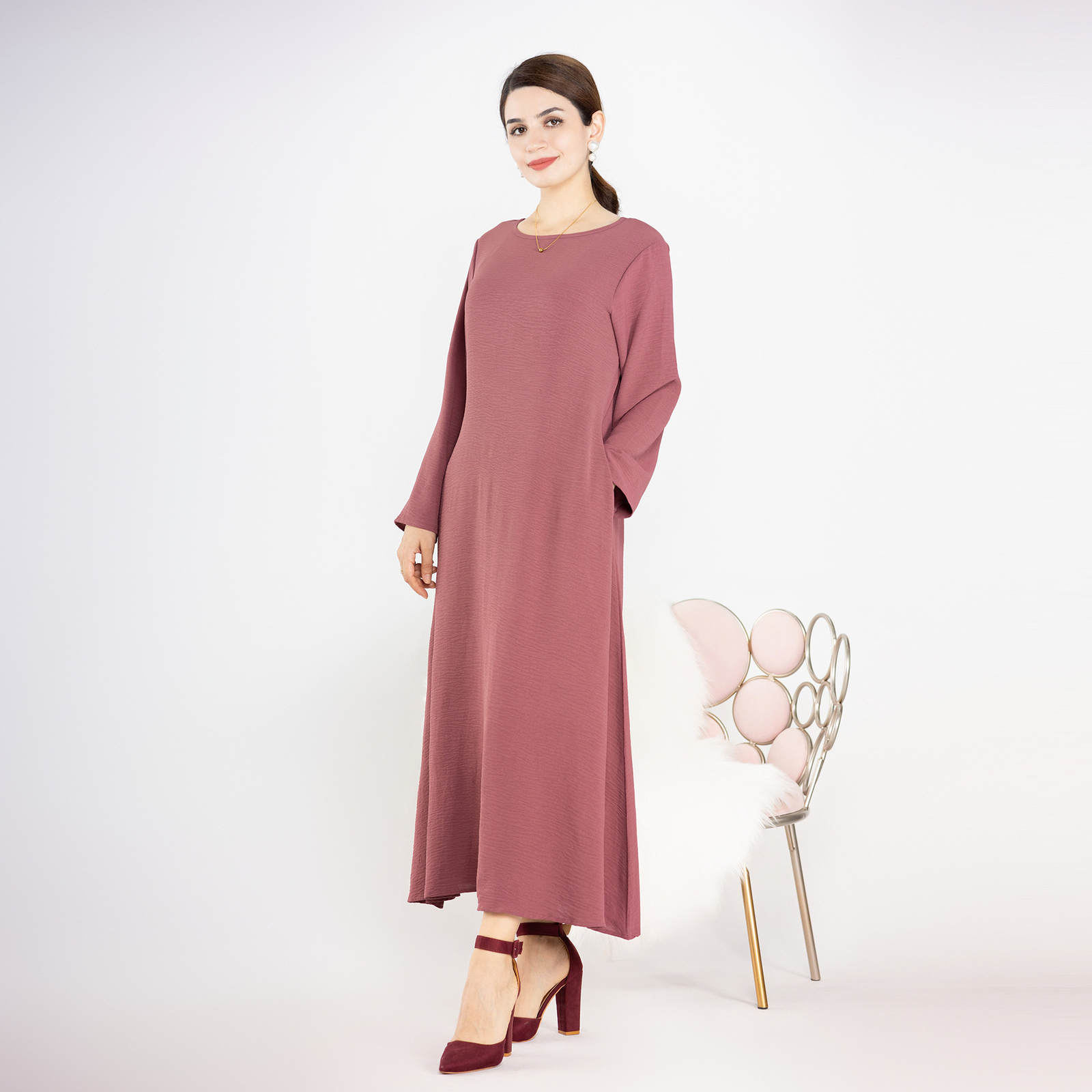 New Muslim Womens Simple Solid Color Long Sleeve Abaya Loose Robe Kaftan