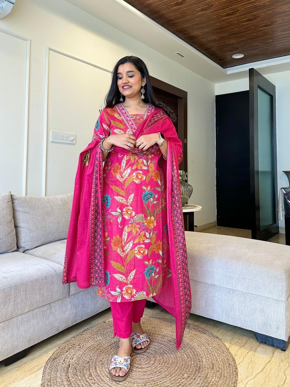 Premium Floral Print Cotton Kurta Set | Matching Pants & Dupatta