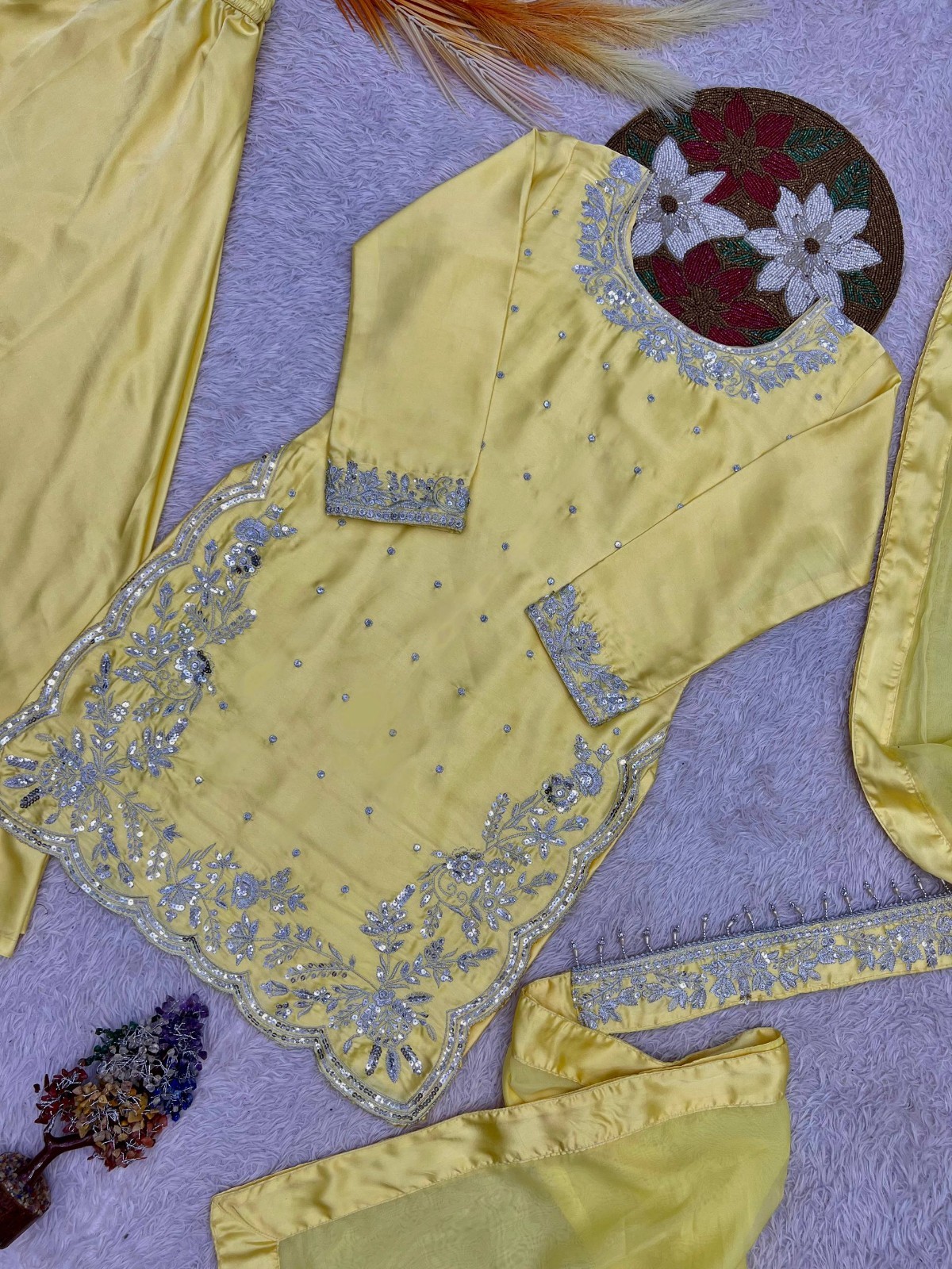 New Designer Yellow Devsena Silk Kurta Palazzo With Dupatta For Wedding Wear
