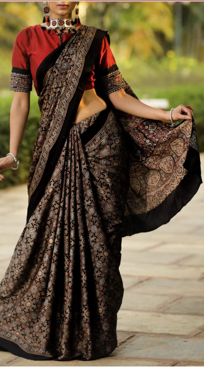 Pure black modal silk Ajrakh block printed designer saree