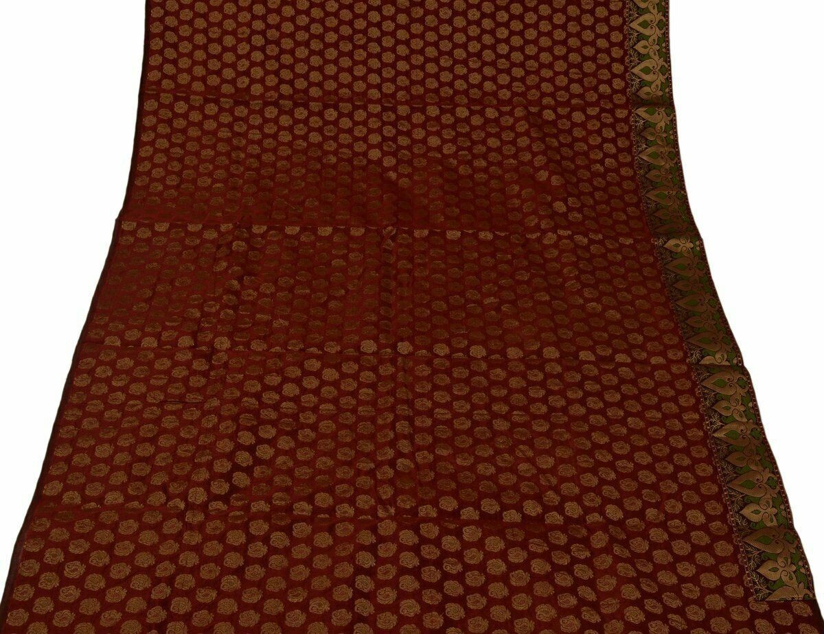 Indian Saree Embroidered Banarasi Chanderi Patch Work Brocade Border Sari Maroon