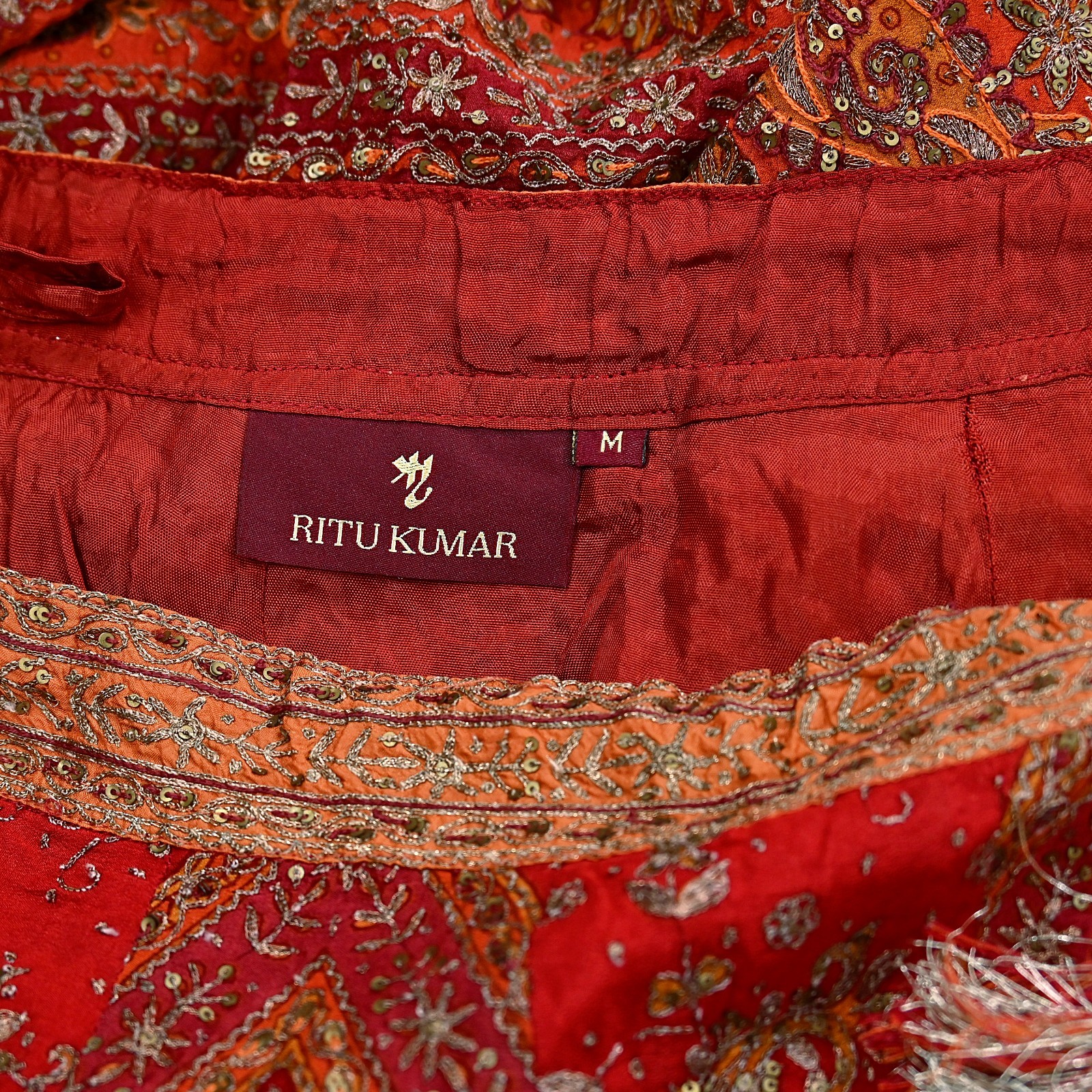 Pre-owned Orange Pure Silk Hand Embroidered Ritu Kumar Designer Lehenga 3pcs set