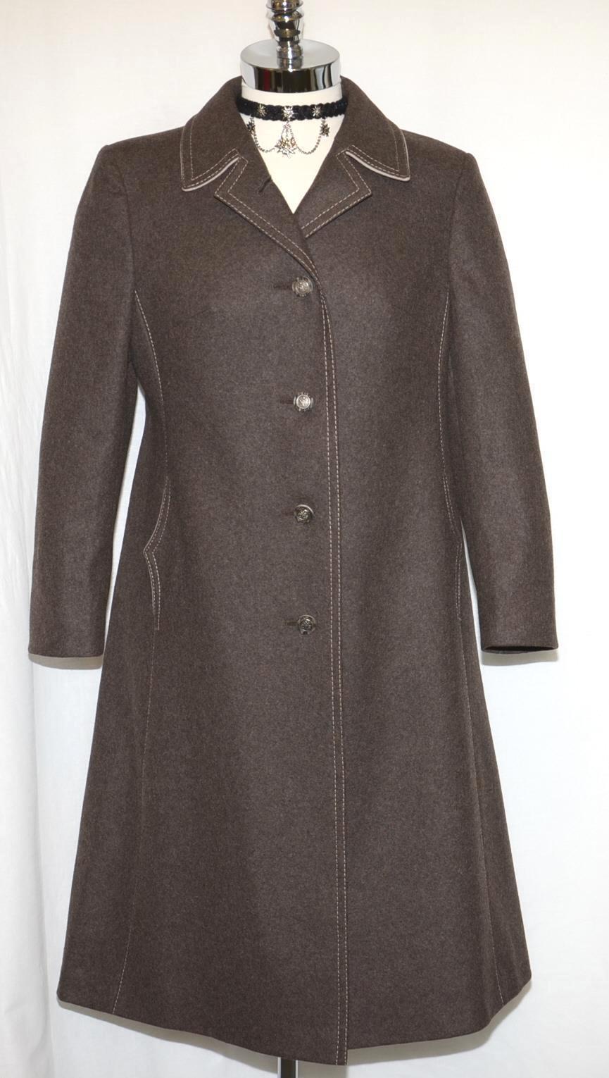BROWN ~ Loden WOOL Women German Hunting WINTER Trench Jacket LONG Over Coat 10 M