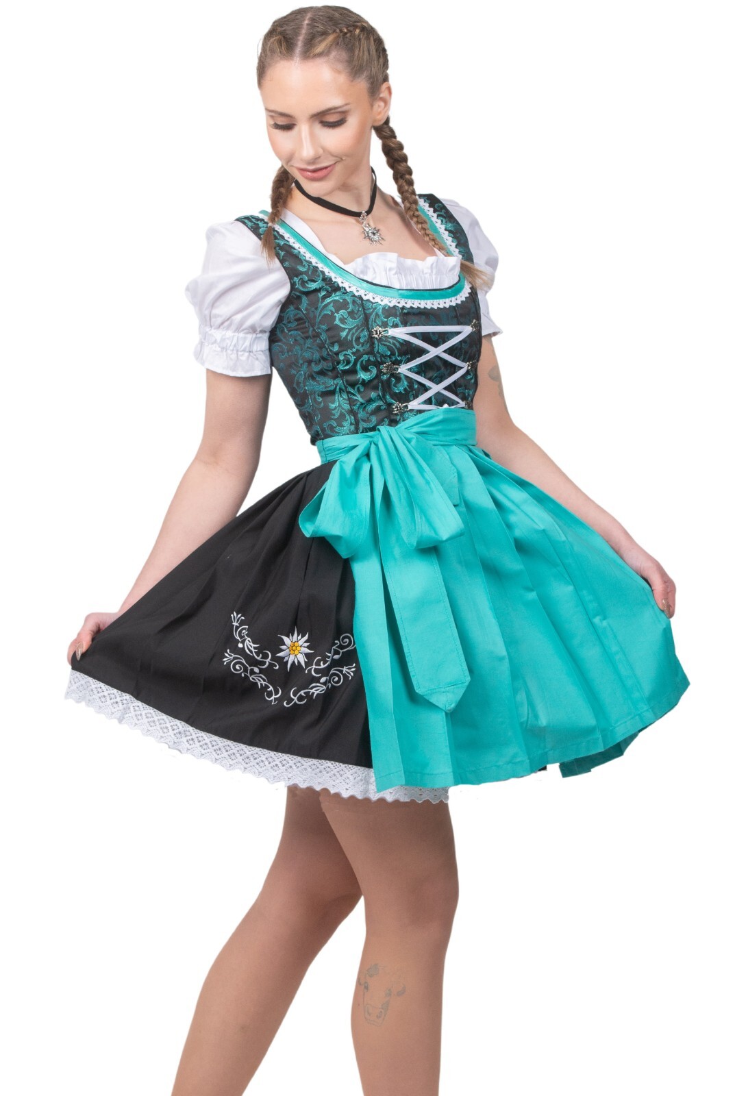 2 XS German Dirndl Dress + Apron + Top EMBROIDERED Oktoberfest LACE TRIM 3pc SET