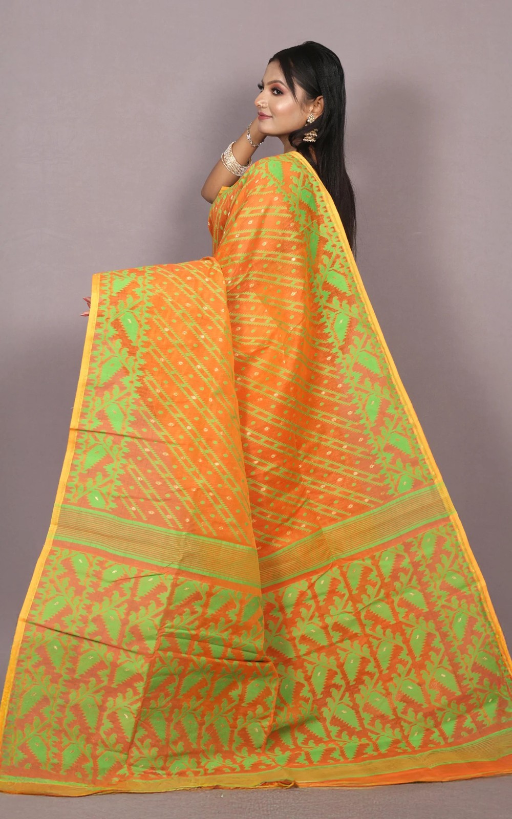 Women’s Orange Cotton Muslin Soft Jamdani Saree Nakshi Work & Unstitched Blouse